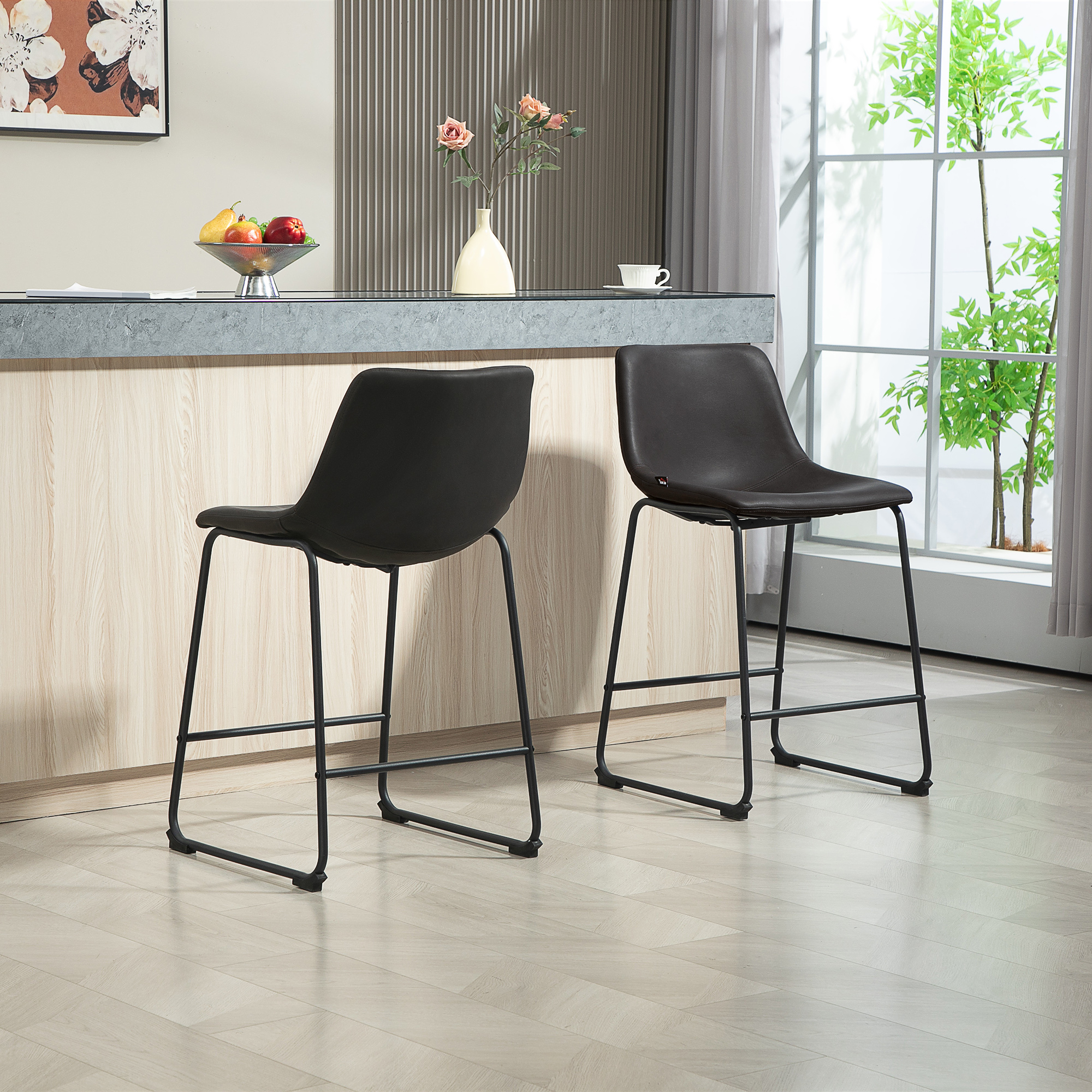 Counter Height Bar Stools Set of 2, Vintage PU Leather Bar Chairs, Kitchen Stool with Footrest, Dark Brown - Image 5
