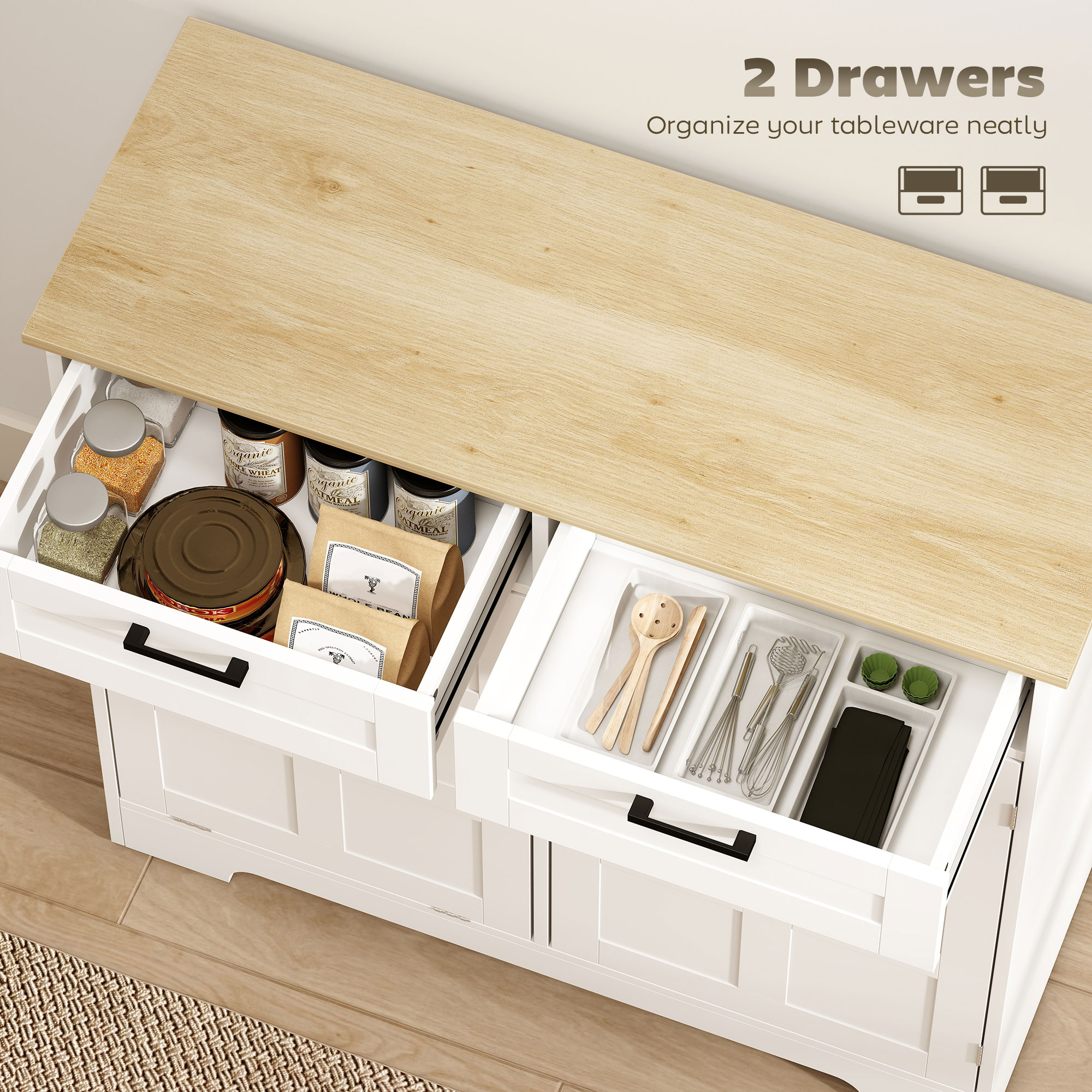 13 Gallon Tilt Out Garbage Cabinet, Kitchen Island with Trash Cabinet, 2 Drawers, Door Racks, Adjustable Shelves, White - Image 3