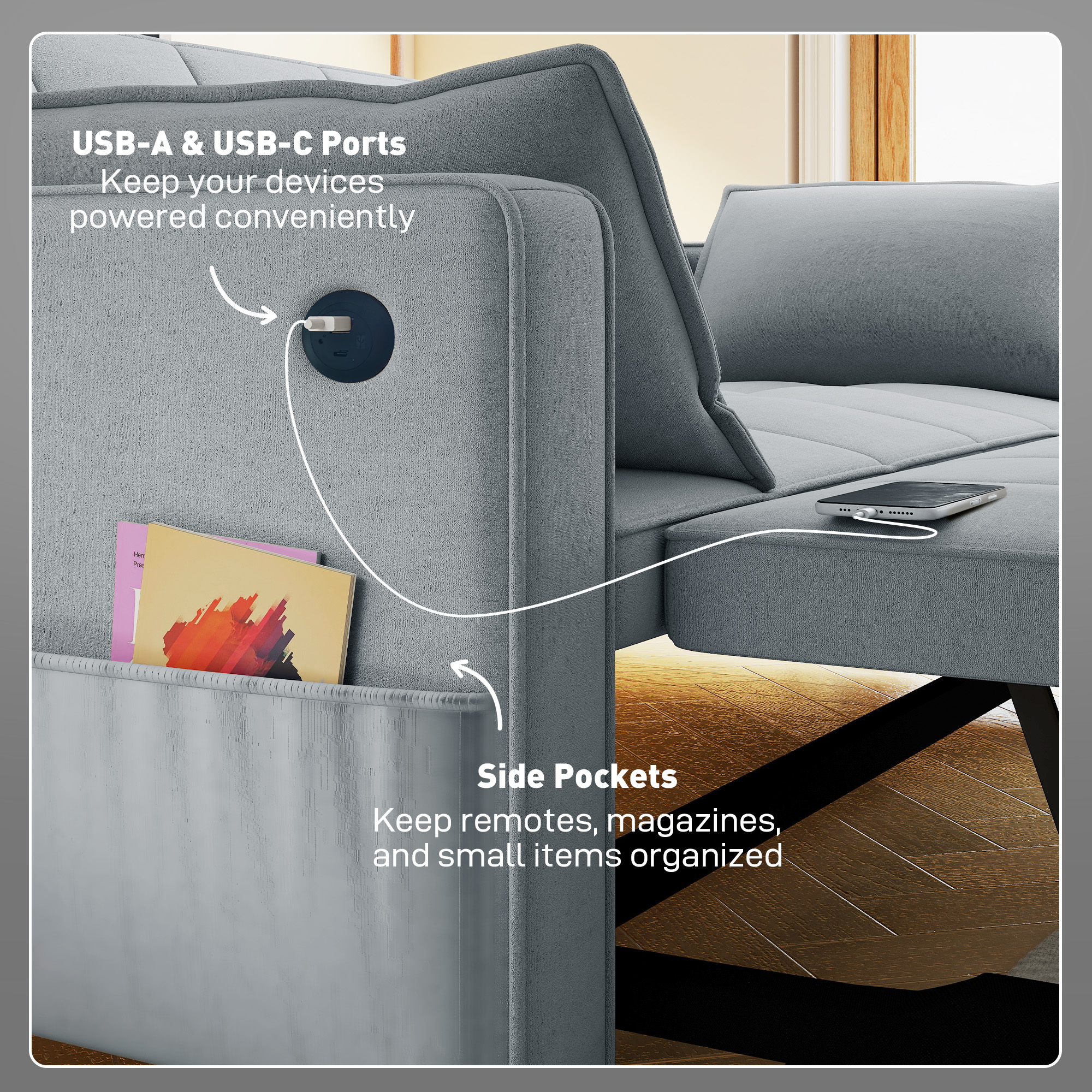 3‑in‑1 Double Sofa Bed, Pull Out Sleeper Sofa with USB Charging, Adjustable Backrest, Side Pockets, Light Grey - Image 6