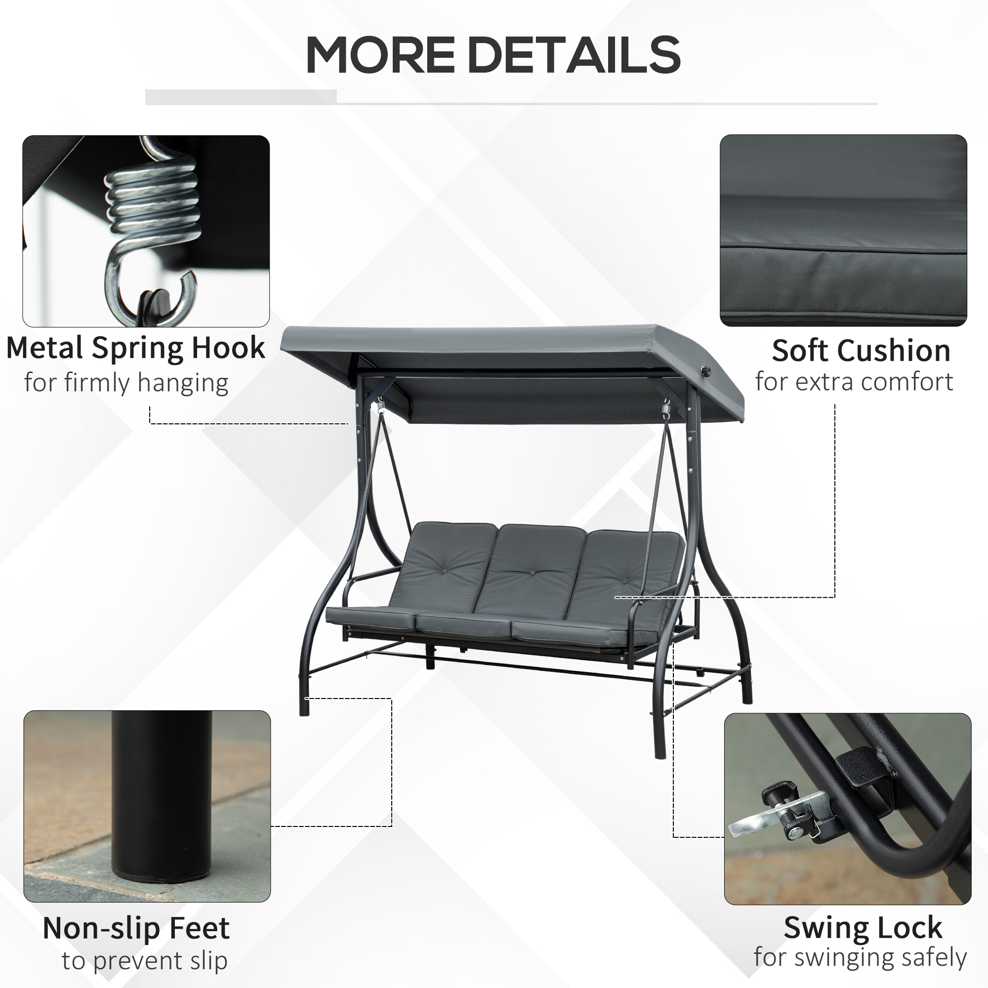 Convertible Patio Swing Bed with Canopy and Cushions, 3 Seater Porch Swing for Outdoor, Backyard, Garden, Dark Grey - Image 4