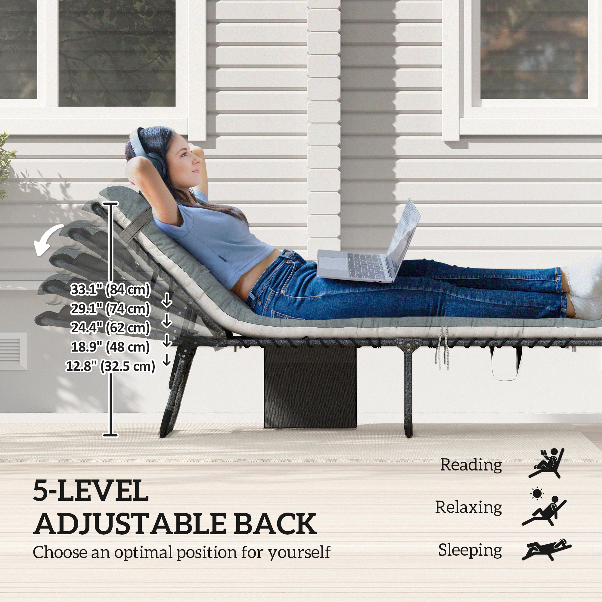 Outdoor Lounge Chair Set of 2, Folding Chaise Lounge Tanning Chair with Cushion, Side Pocket, Grey - Image 2