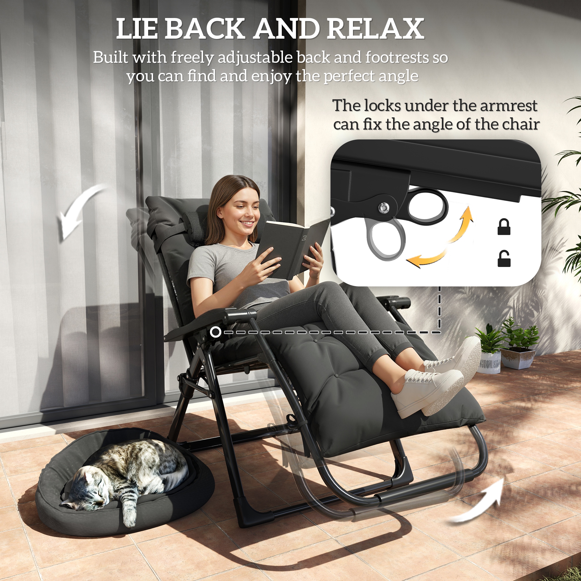 Folding Garden Chair, Reclining Zero Gravity Chair, Sun Lounger with Cushion and Headrest, Black - Image 2