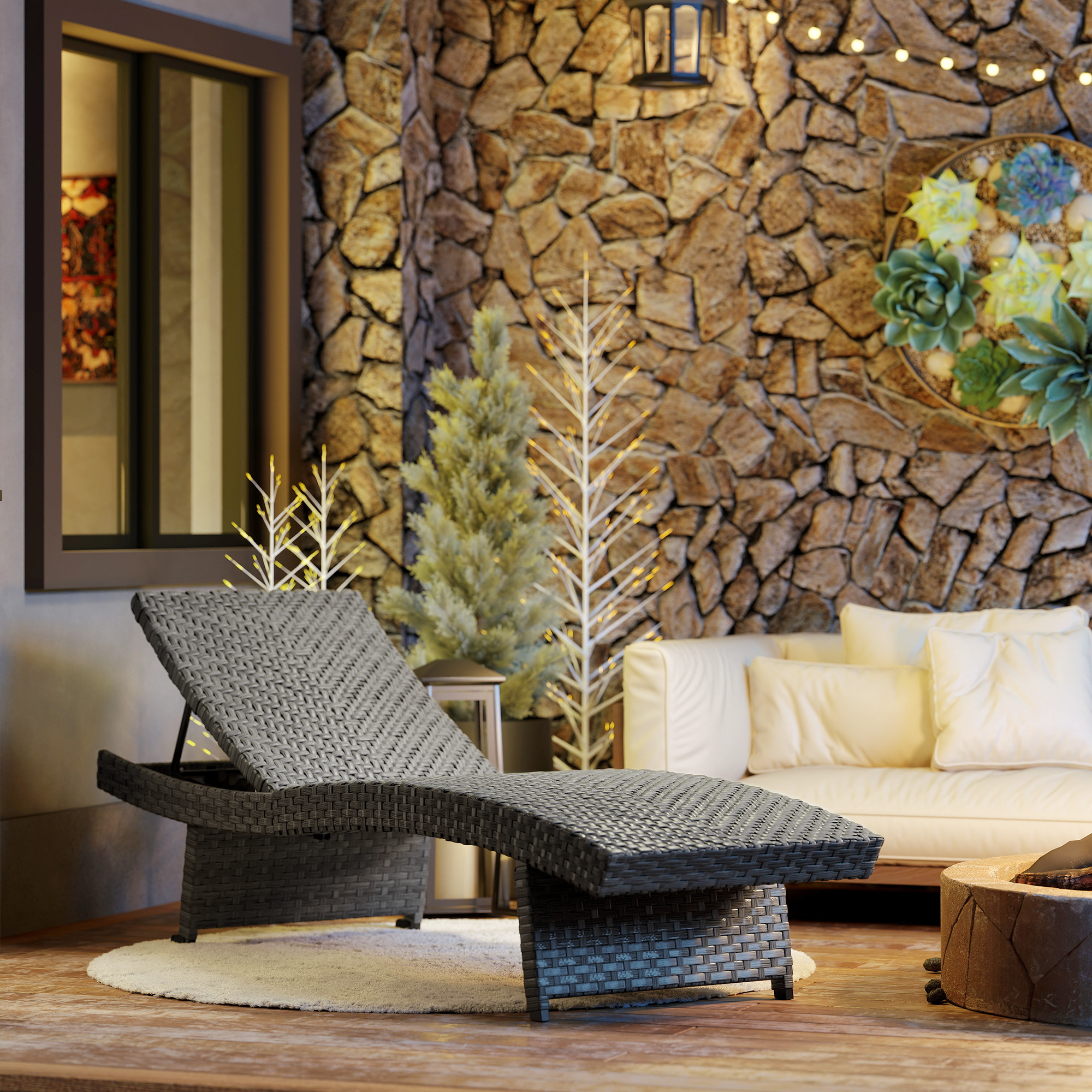 Patio Lounger, Folding Wicker Outdoor Chaise Lounge with 4-Level Adjustable Backrest, Grey - Image 6