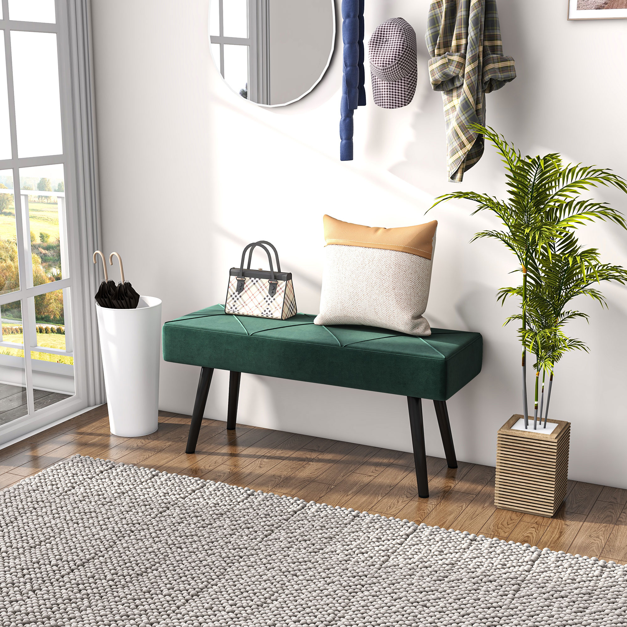 39 Inches Upholstered Bedroom Bench, Modern End of Bed Bench with Steel Legs, Green - Image 6