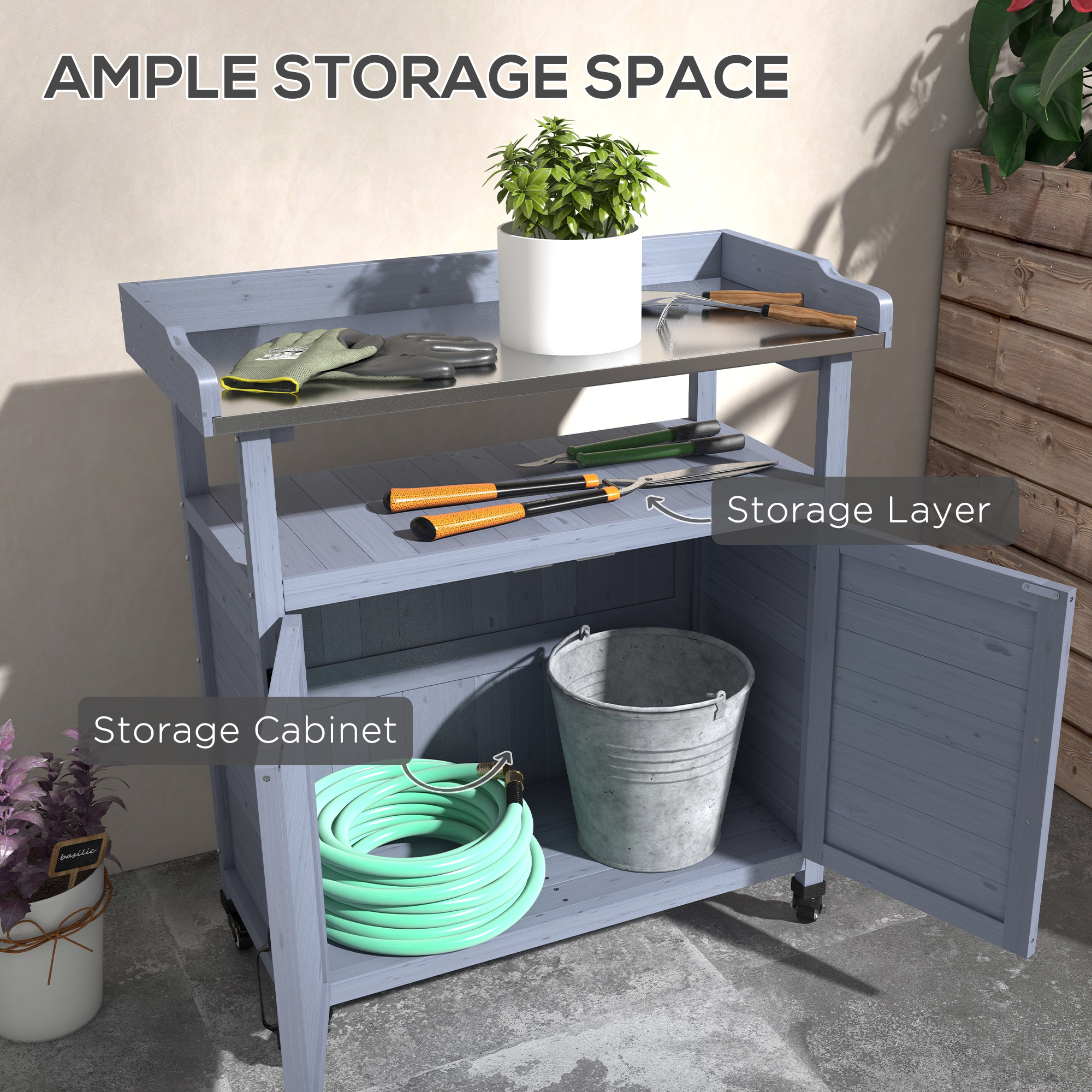 Outdoor Wooden Potting Bench with Storage Cabinet, Aluminum Tabletop, Rubber Wheels for Backyard, Patio, Balcony, Grey - Image 4