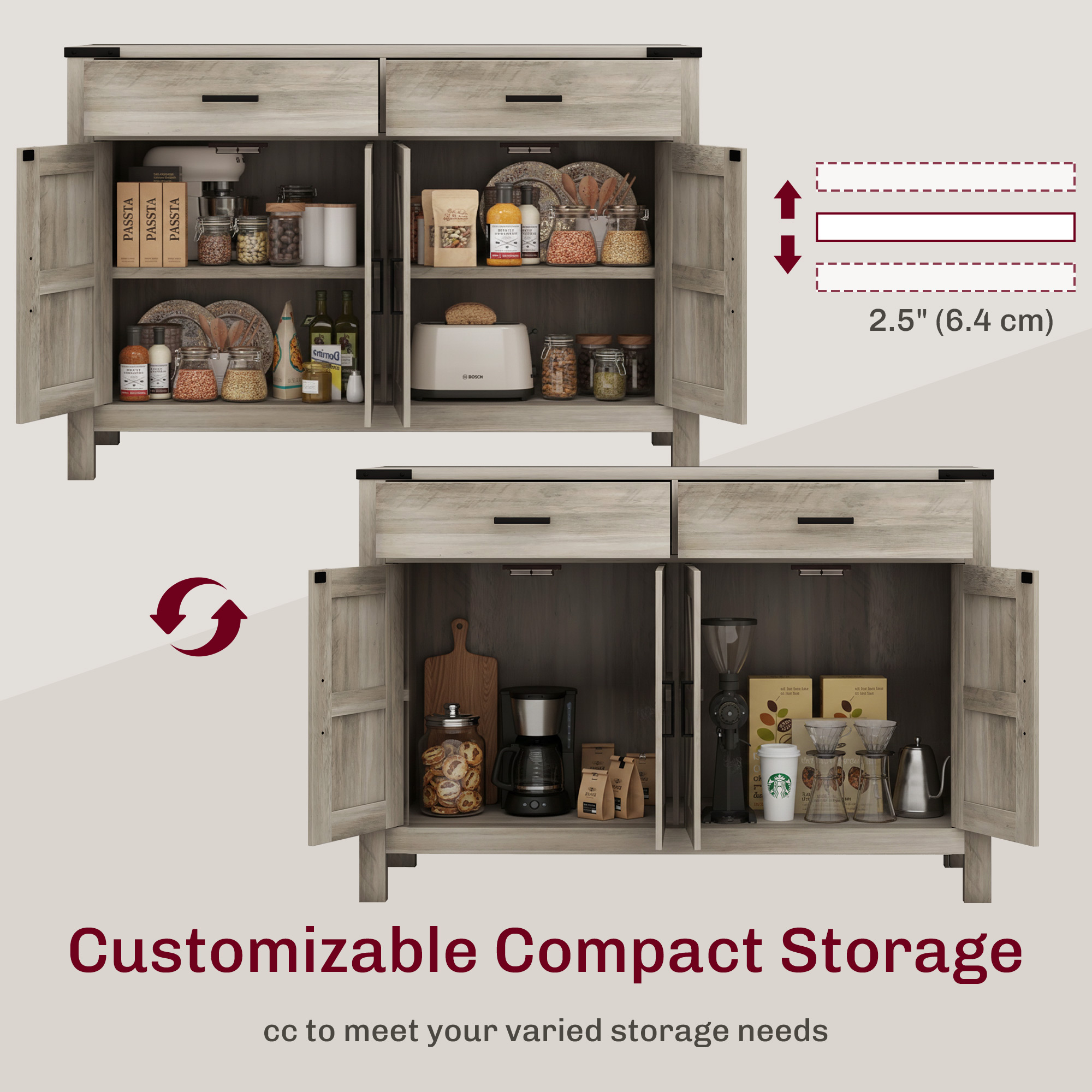 Side Cabinet, Farmhouse Kitchen Storage Cabinet w/ 2 Drawers and Shelves for Living Room, Entryway, Grey - Image 3