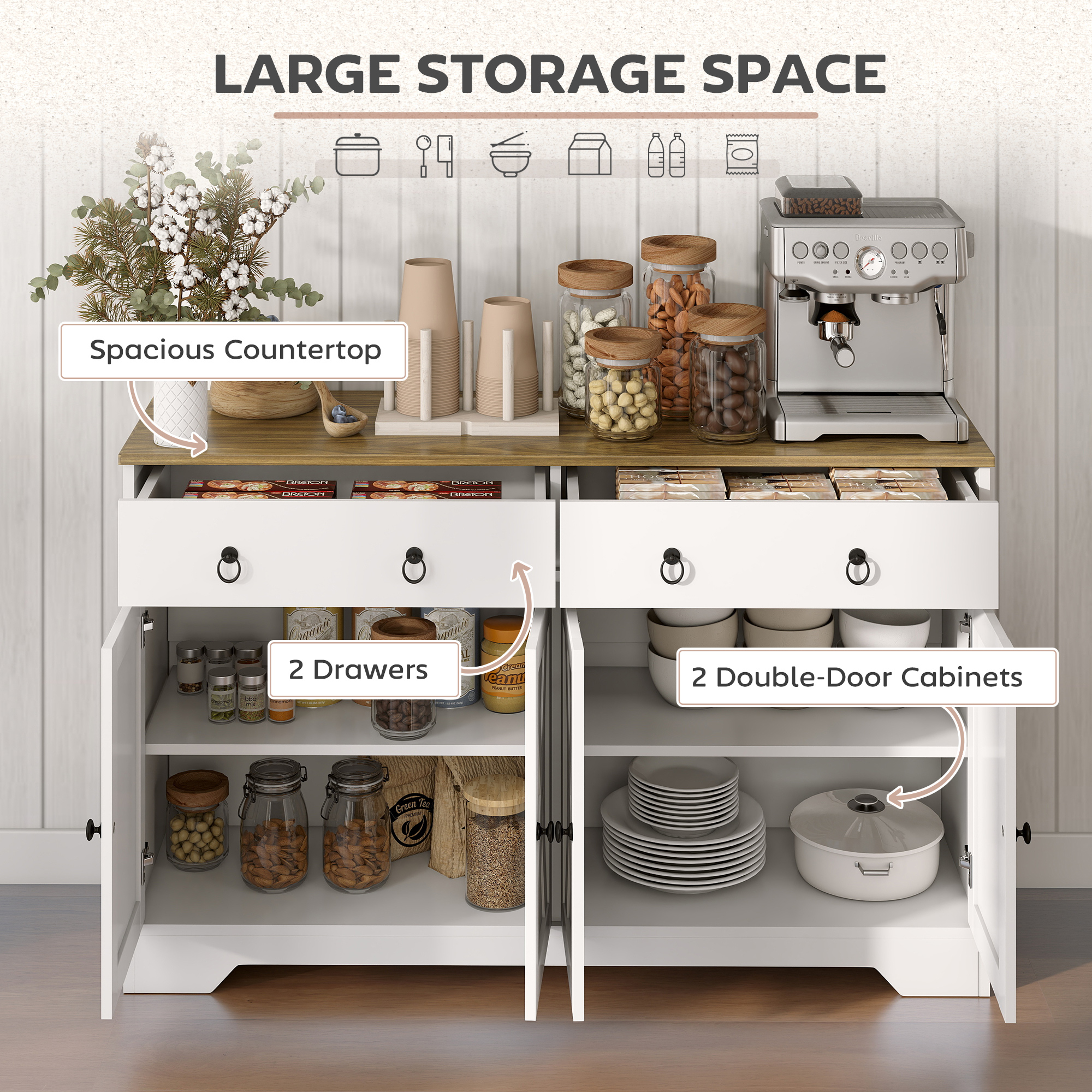 Kitchen Sideboard Cabinet with 2 Drawers, 4 Barn Doors and 2 Adjustable Shelves, Buffet Table for Living Room, White - Image 2