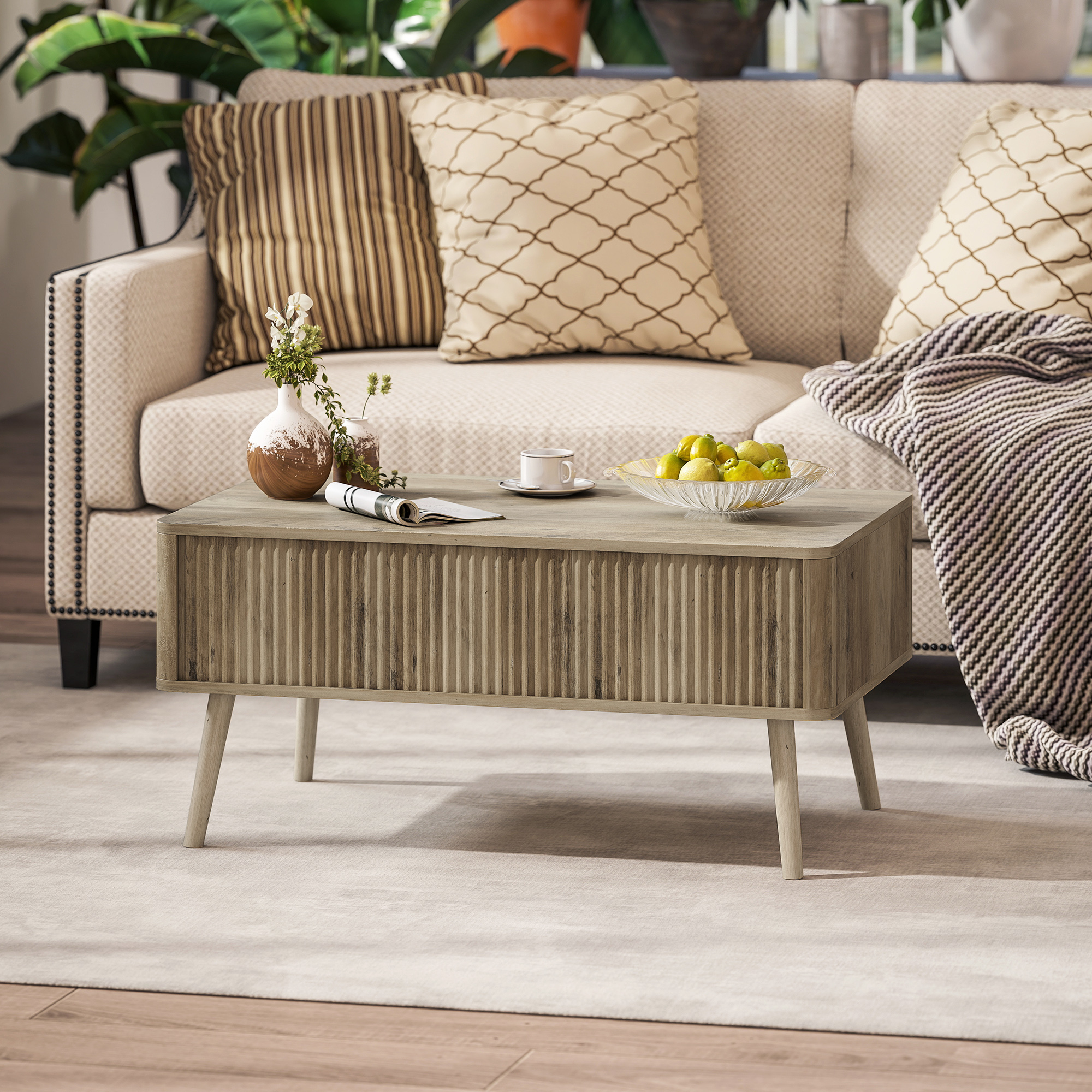 Lift Top Coffee Table with Storage, Center Table with Hidden Compartments and Pine Wood Legs for Living Room, Oak - Image 6