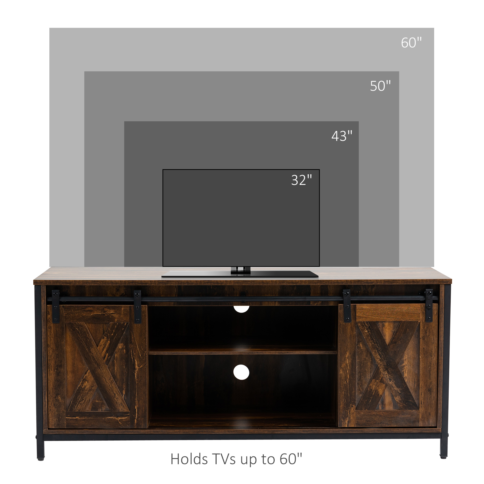 Industrial TV Stand for TVs up to 60", TV Console with Storage and 2 Sliding Barn Doors, Freestanding Entertainment Unit for Living Room, Bedroom, Brown - Image 2