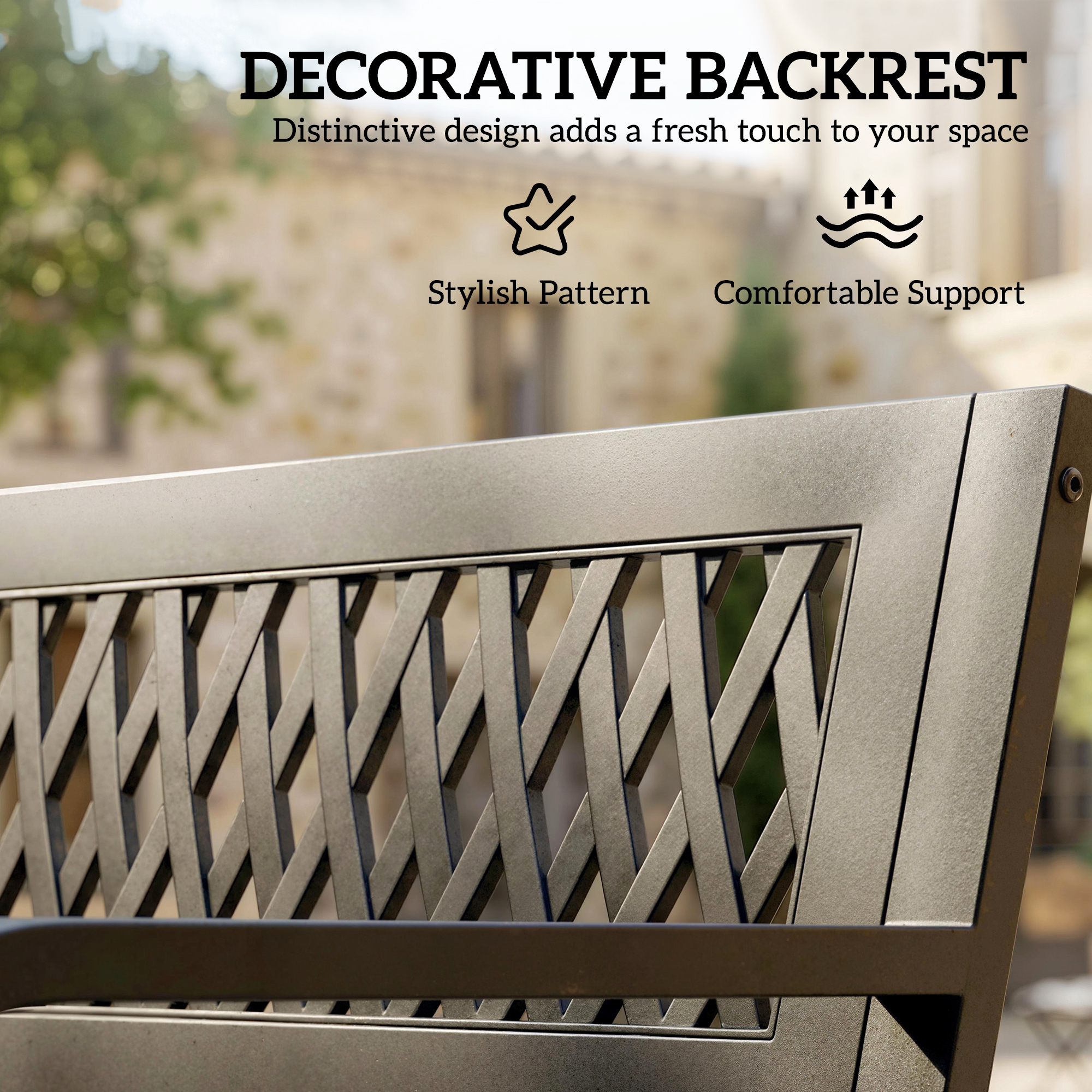 Outdoor Bench with Floral Backrest 2 Seater Garden Bench with Armrests for Yard Park Balcony Black - Image 4