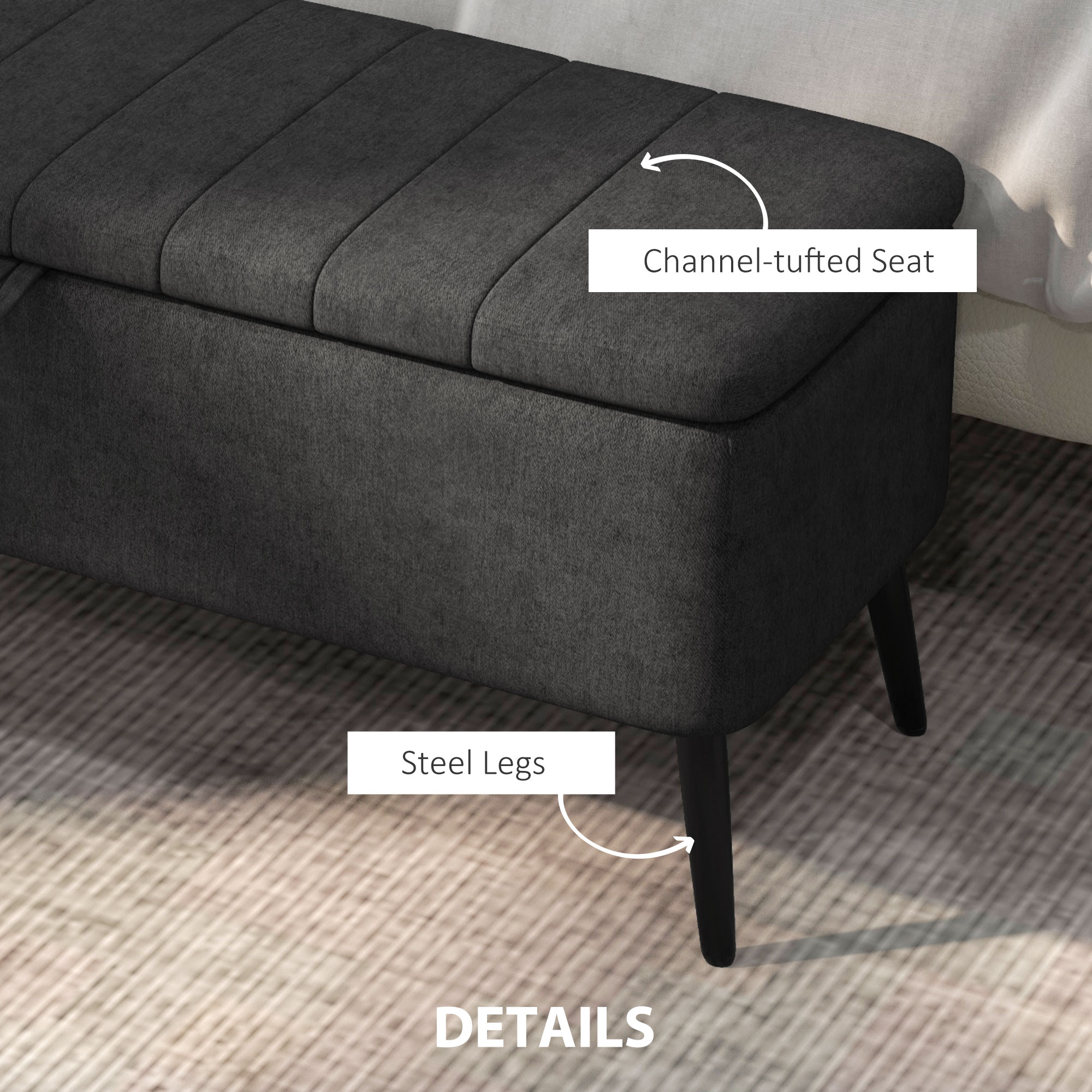 40" Ottoman with Storage, Linen Upholstered Storage Ottoman Bench with Steel Legs for Living Room, Bedroom Black - Image 4