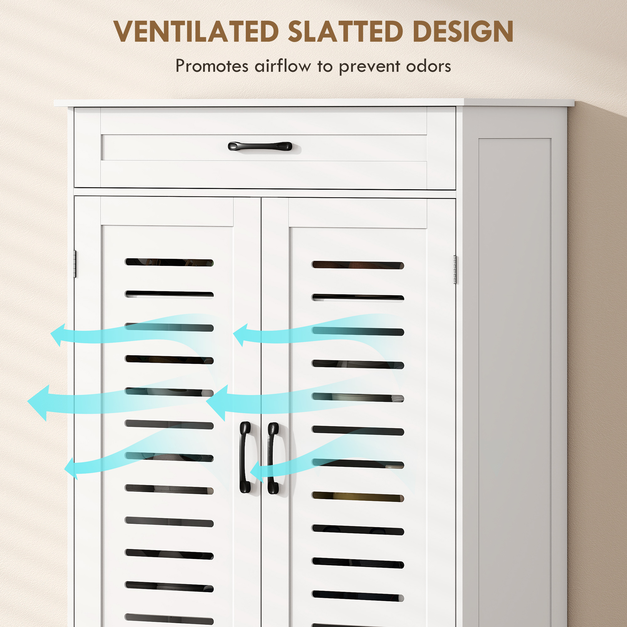 Shoe Cabinet with Louvered Doors, Modern Shoe Storage Cabinet with Drawer and Adjustable Shelves, White - Image 4