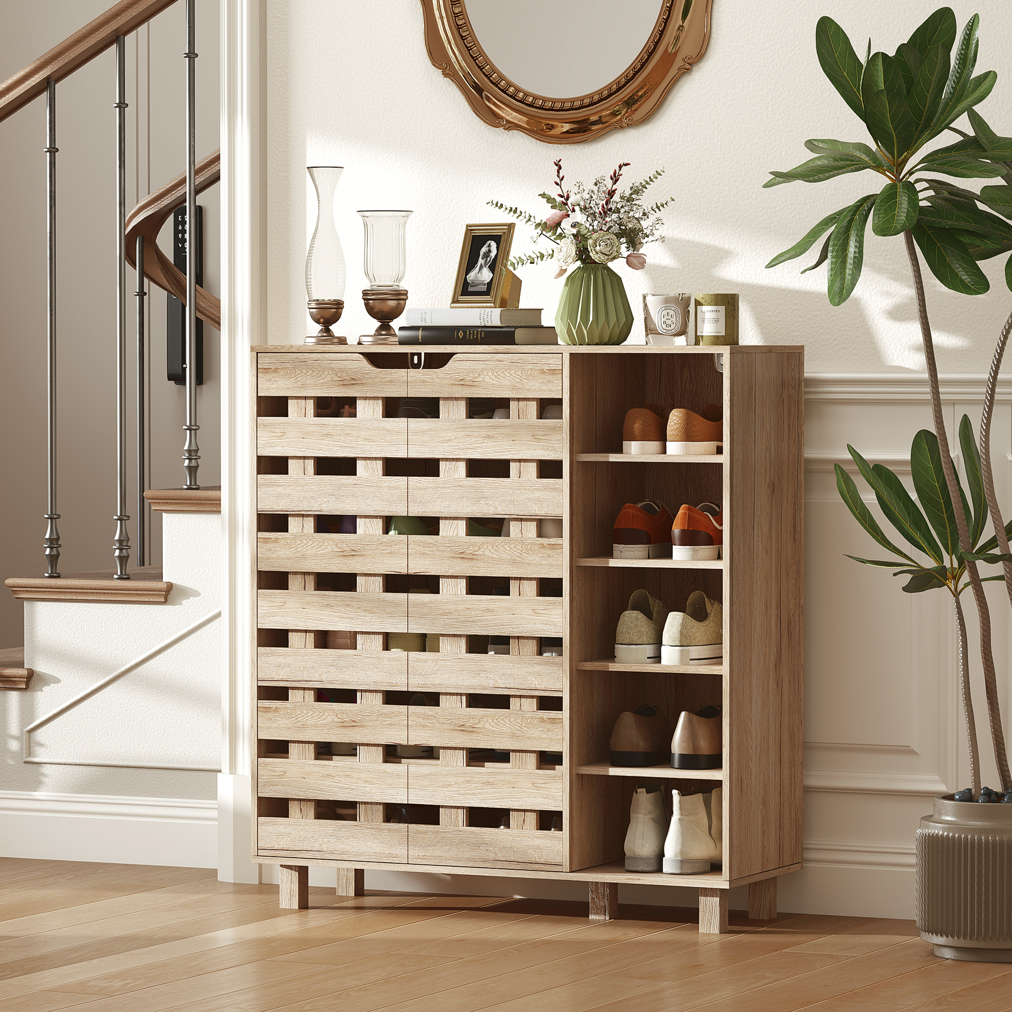 Shoe Cabinet, 21 Pair Shoe Storage Cabinet Organizer with 5-tier Double Door Cabinet and 5-tier Open Shelves, Beige - Image 2