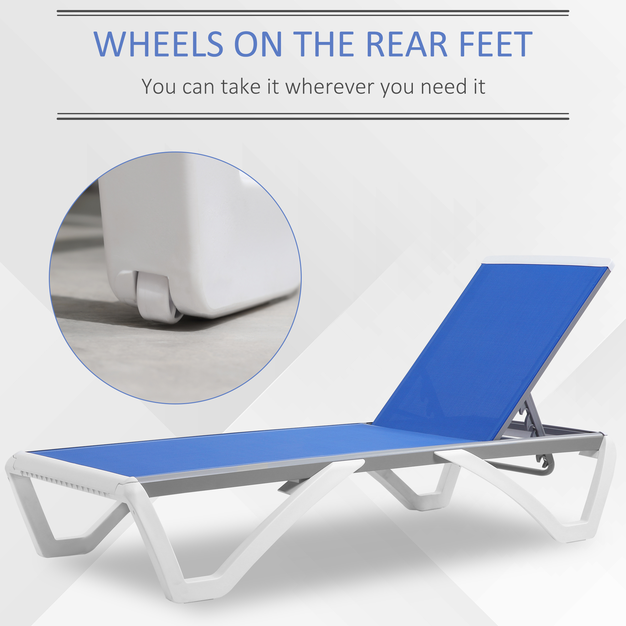 Outdoor Chaise Lounge Chair, Patio Aluminum Tanning Chair with 5-Level Adjustable Back, Portable Wheels, Breathable Mesh Fabric, for Pool, Deck, Garden, Blue - Image 4