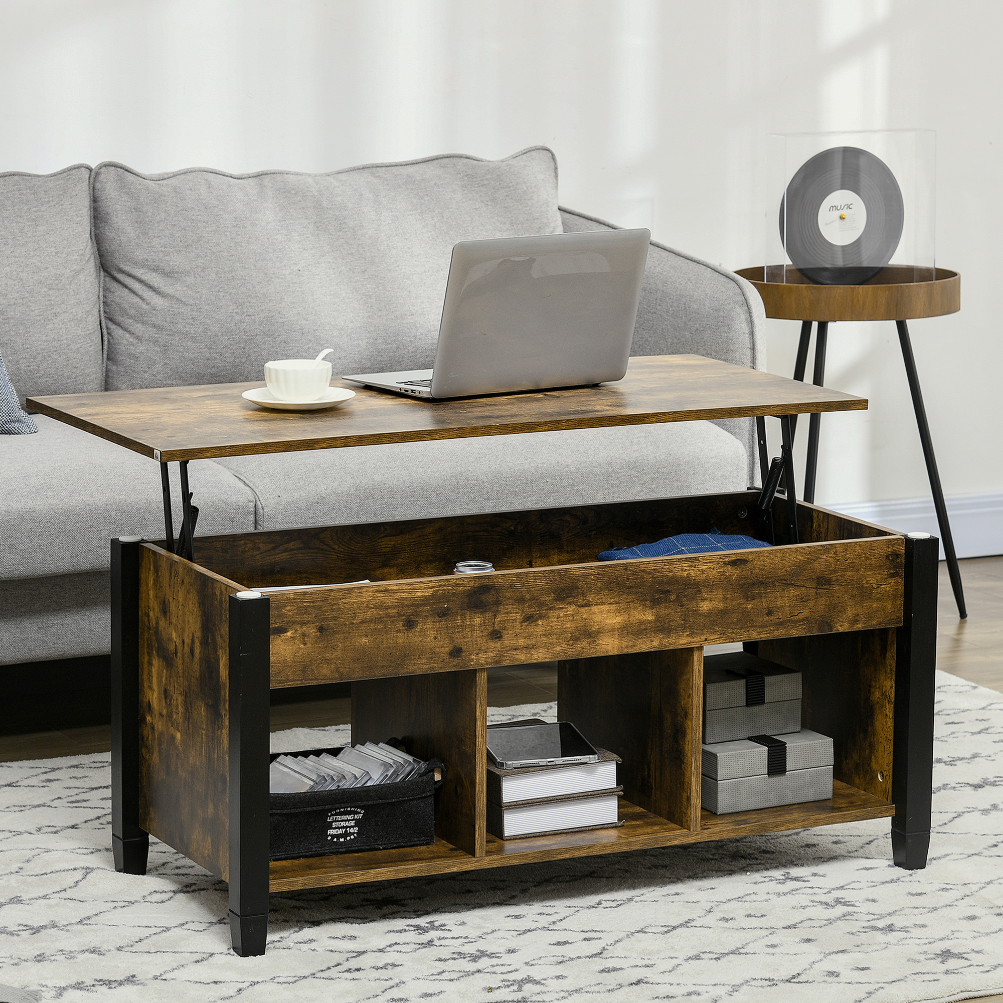 Lift Top Coffee Table, Modern Center Table with Storage Shelves and Hidden Compartment for Living Room, 41" L - Image 6