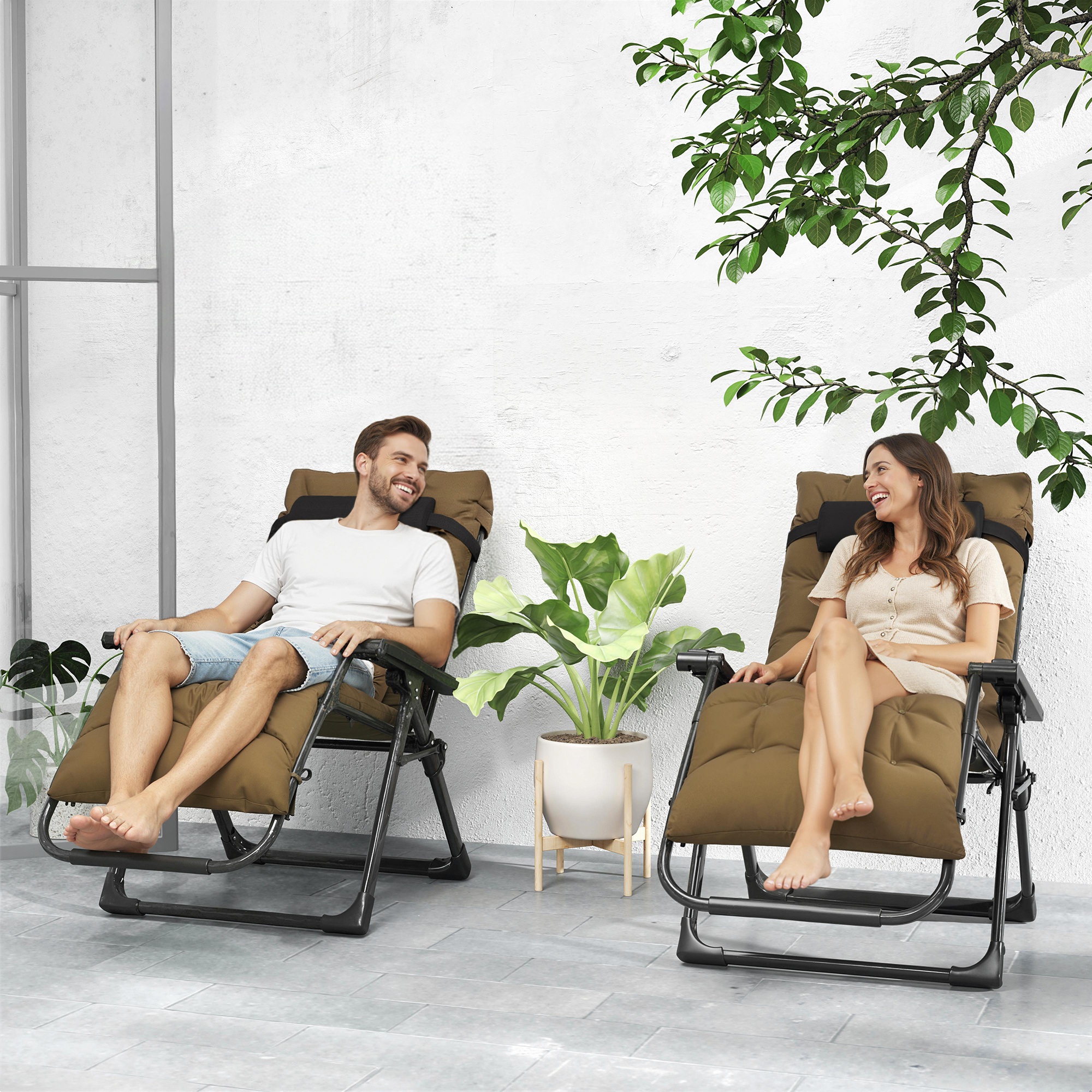 Folding Garden Chairs Set of 2, Reclining Zero Gravity Chair, Sun Lounger with Cushion and Headrest, Khaki - Image 6