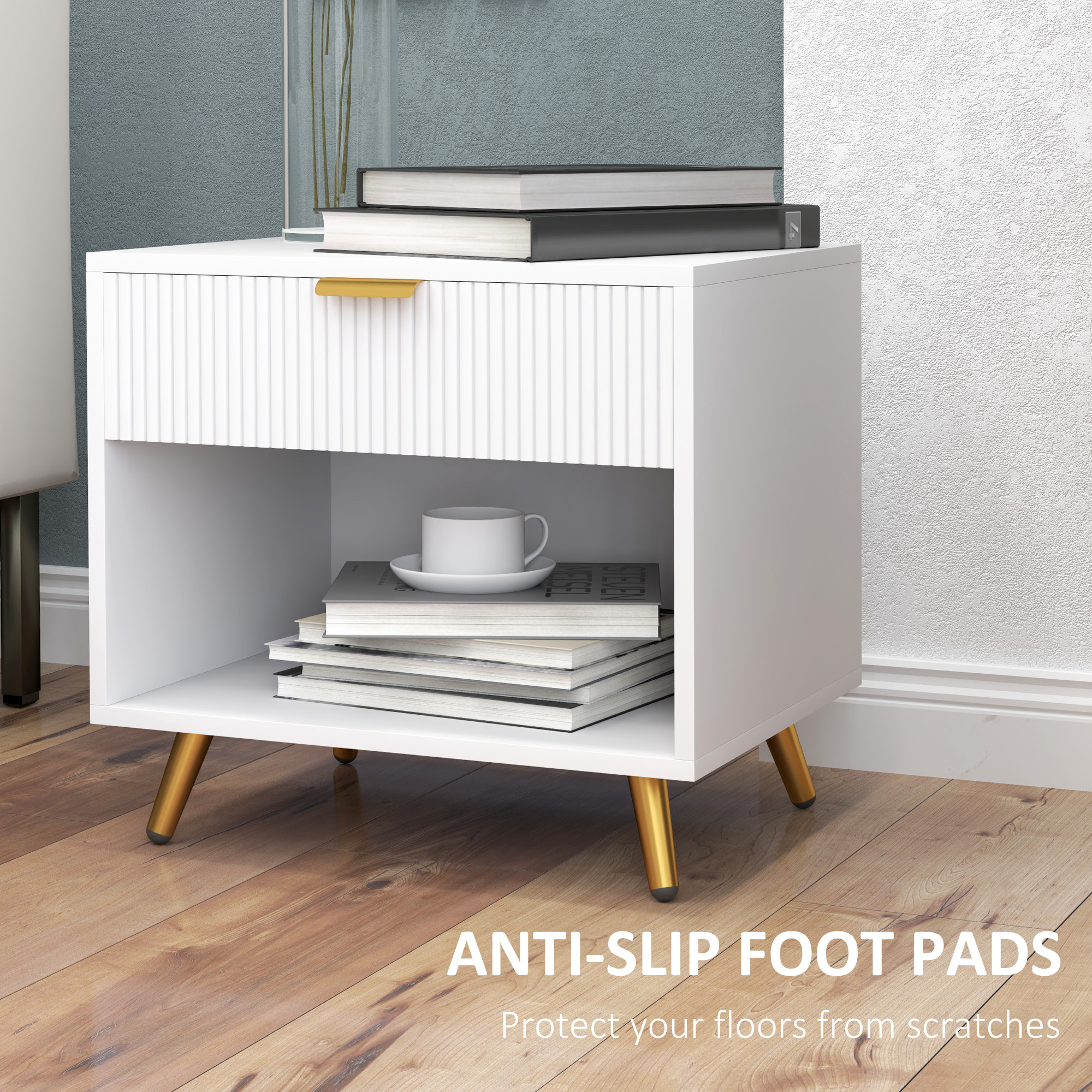 Nightstand with Fluted Panel, Bedside Table with Drawer and Open Compartment, Modern Night Table for Bedroom, White - Image 5