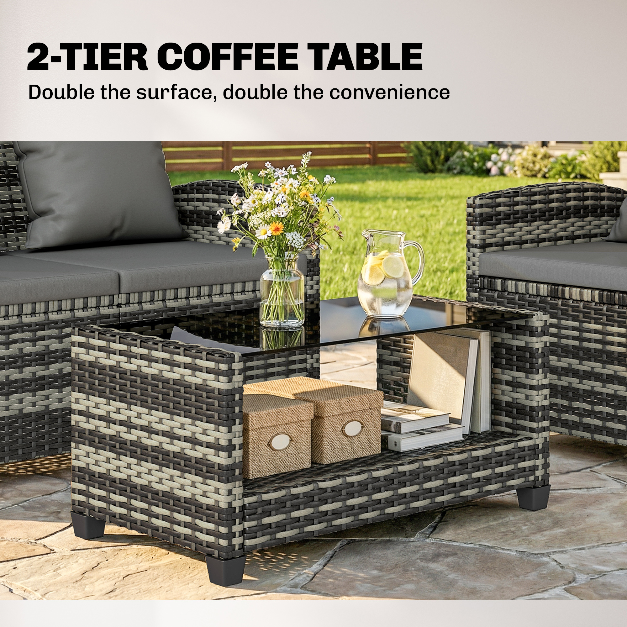 4-Piece Outdoor Wicker Patio Furniture Conversation Set, Includes Loveseat, Chairs and 2-Tier Table with Cushions, Modern Rattan Sofa Set for Backyard, Dark Grey - Image 5
