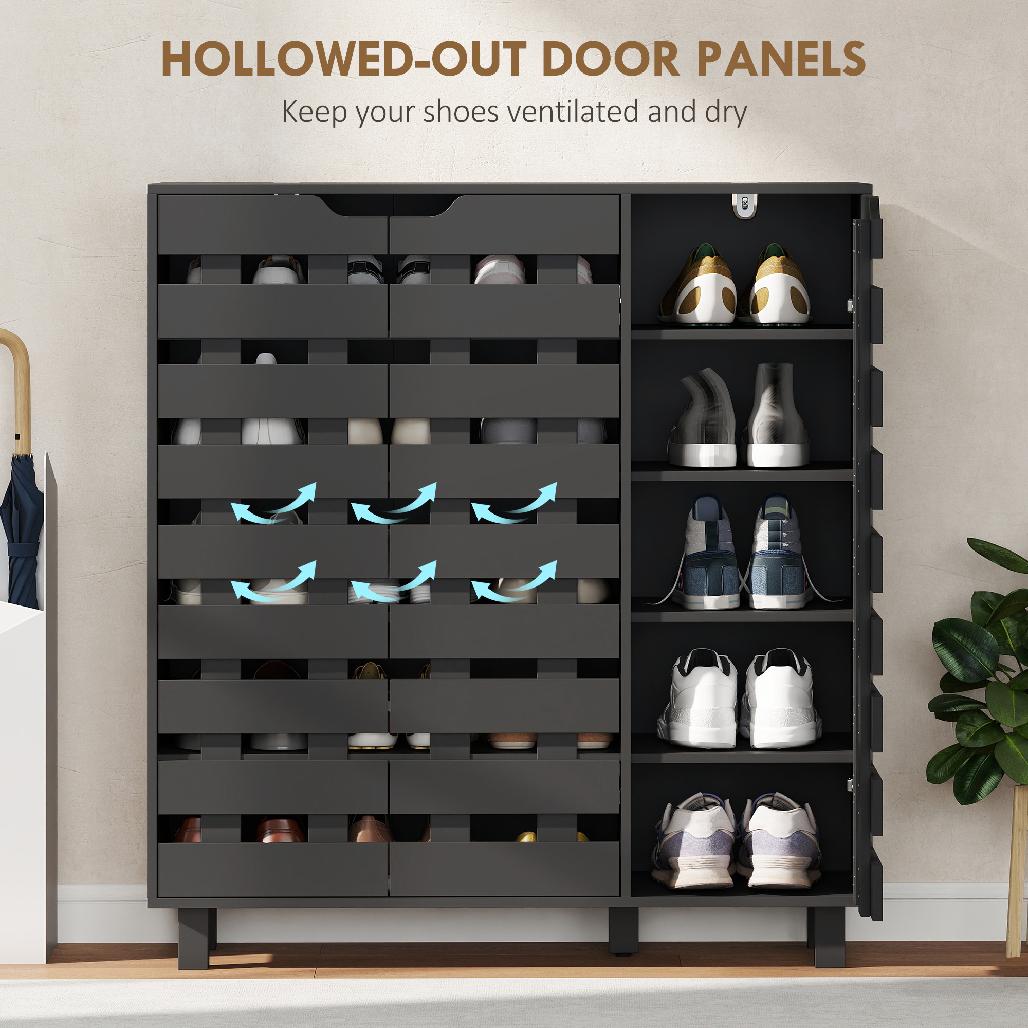 Shoe Cabinet, 20 Pair Shoe Storage Cabinet with Hollowed-Out Doors, Black - Image 4