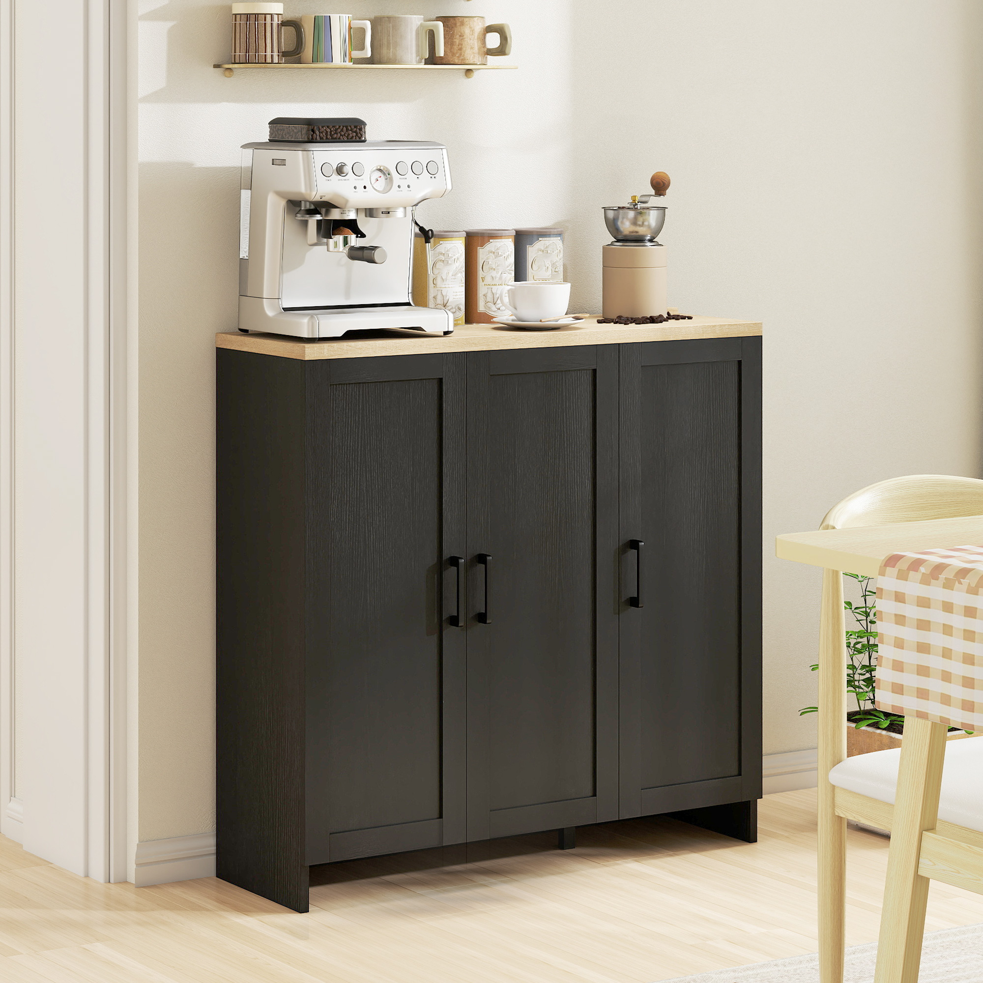 Modern Sideboard Buffet Cabinet, Modern Kitchen Storage Cabinet with 3 Doors Adjustable Shelves, for Dining Room, Black - Image 6