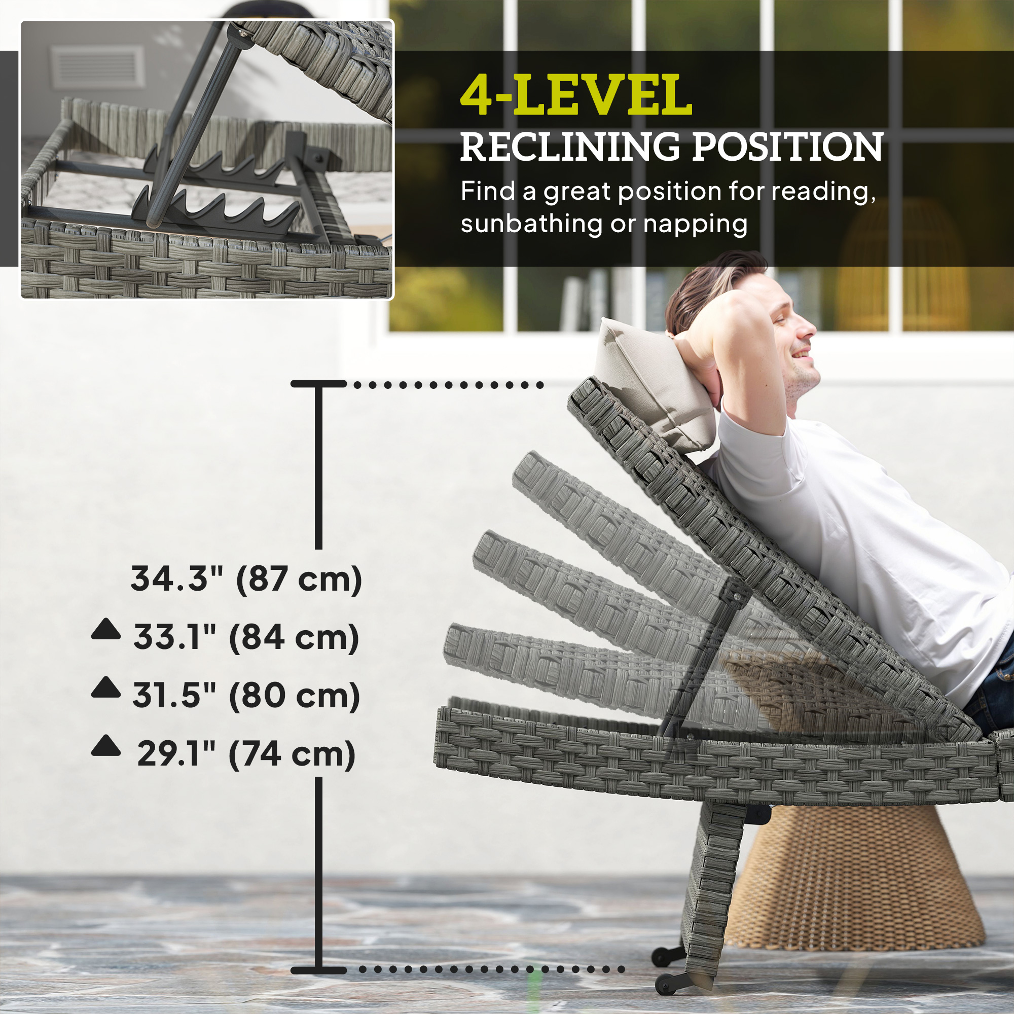 Patio Lounger, Folding Wicker Outdoor Chaise Lounge with 4-Level Adjustable Backrest, Grey - Image 3