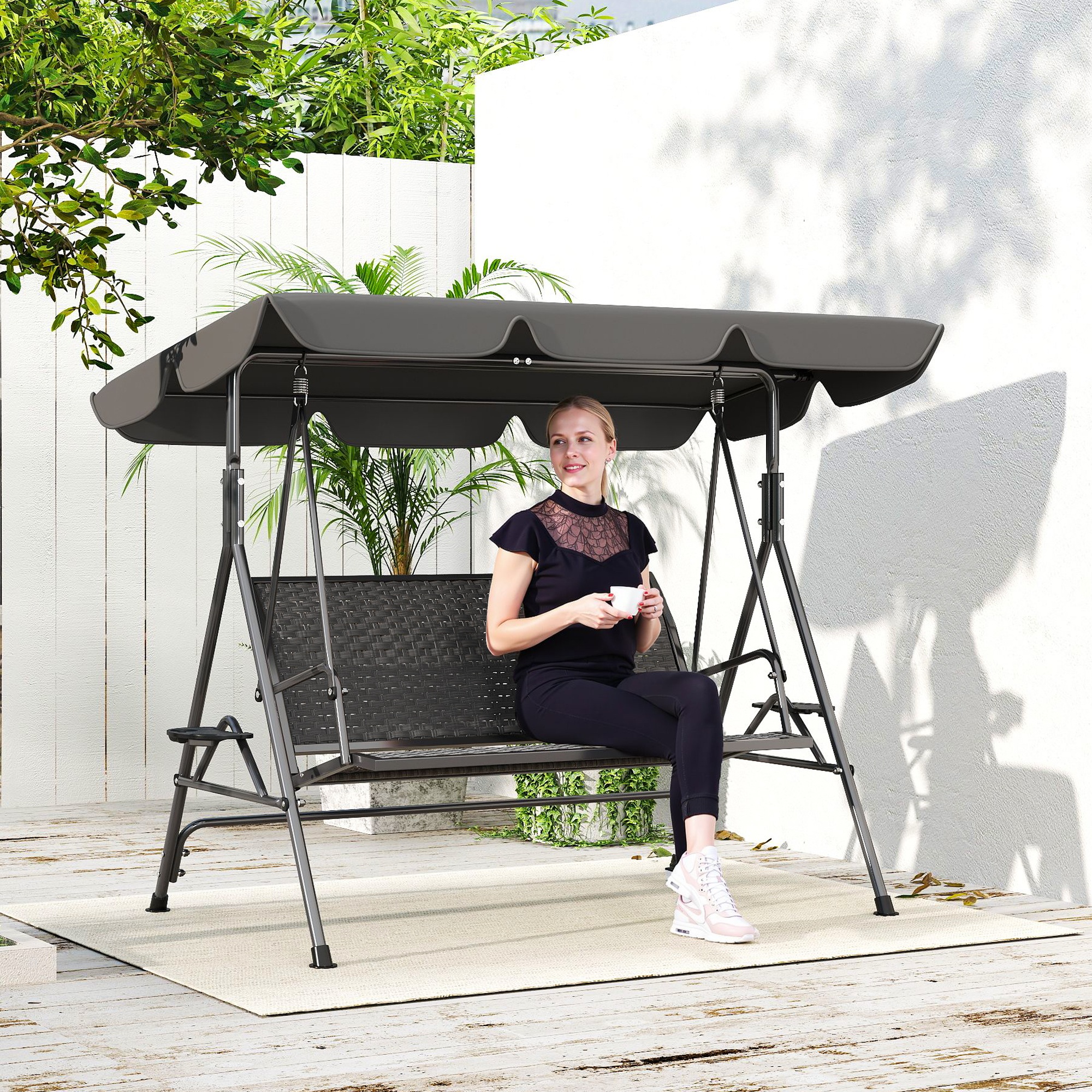 3-Seat Patio Swing Chair, Outdoor Canopy Swing Glider with Adjustable Shade, Grey - Image 6