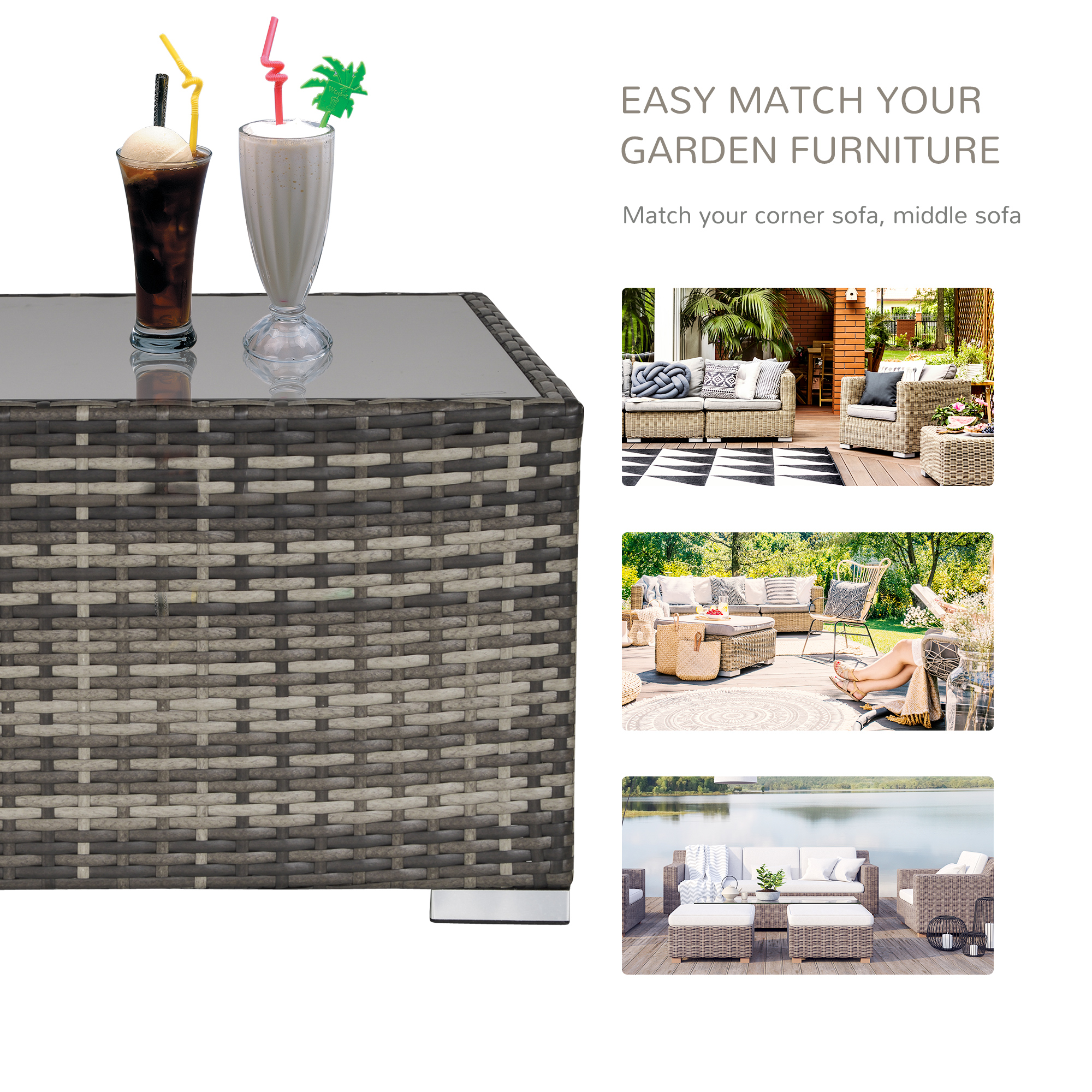 Rattan Garden Coffee Table, 25.6" Square Garden Rattan Table with Tempered Glass Top, Deep Grey - Image 5