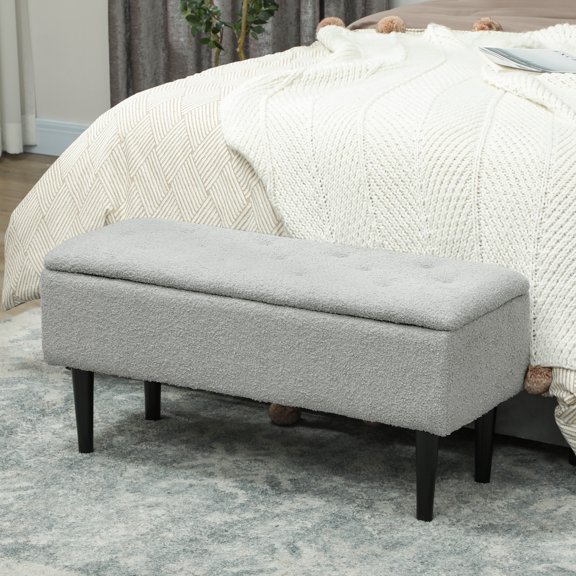 Modern Storage Bench, Ottoman with Storage and Lamb's Wool Upholstery for Living Room, Bedroom, Grey - Image 6