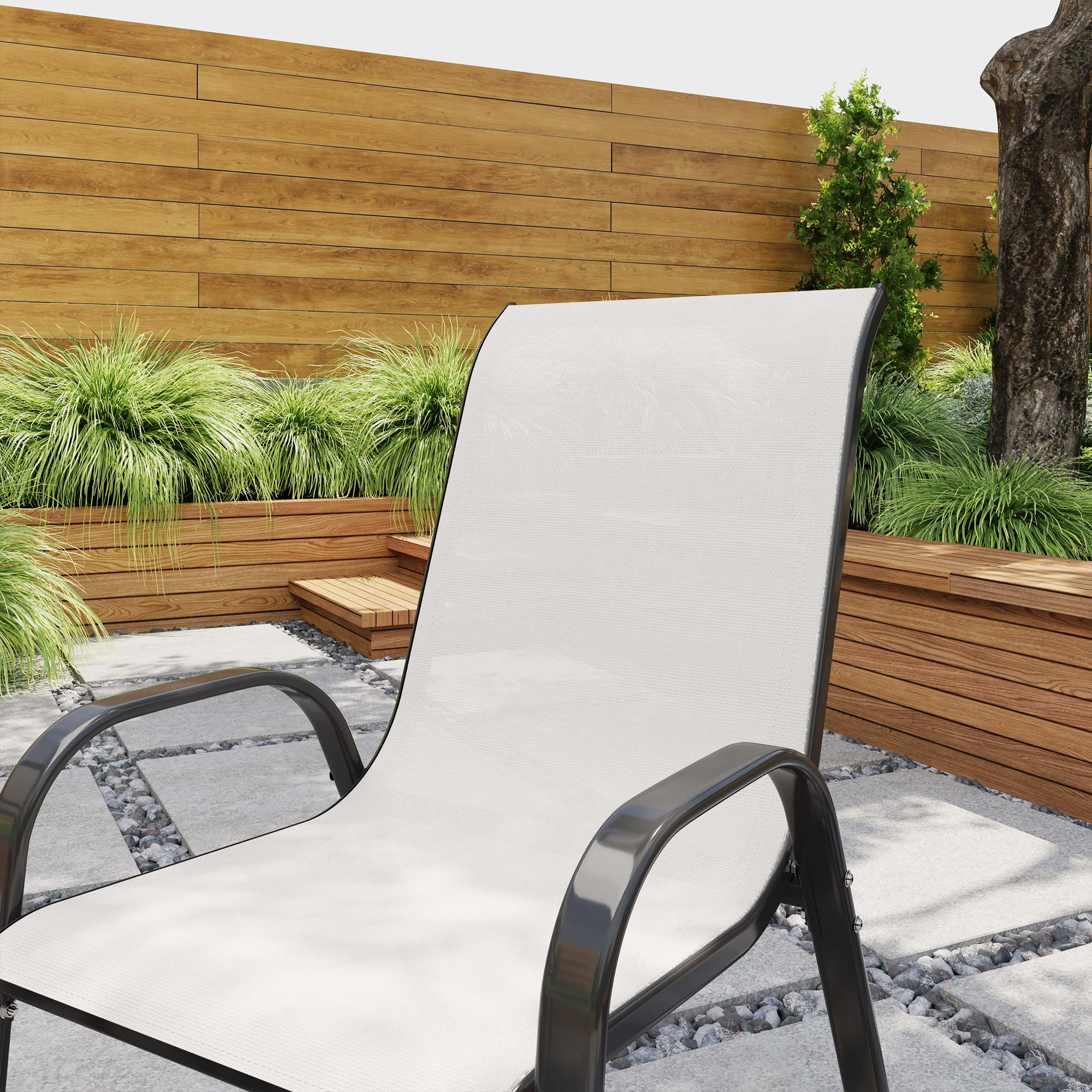 Set of 2 Outdoor Dining Chairs, Stackable Lawn Chairs with High Back, Breathable Mesh Seat for Garden Porch, Light Grey - Image 5