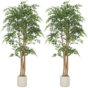 6FT Artificial Banyan Tree Set of 2, Fake Potted Tree with Solid Wood Trunk and Pot for Indoor