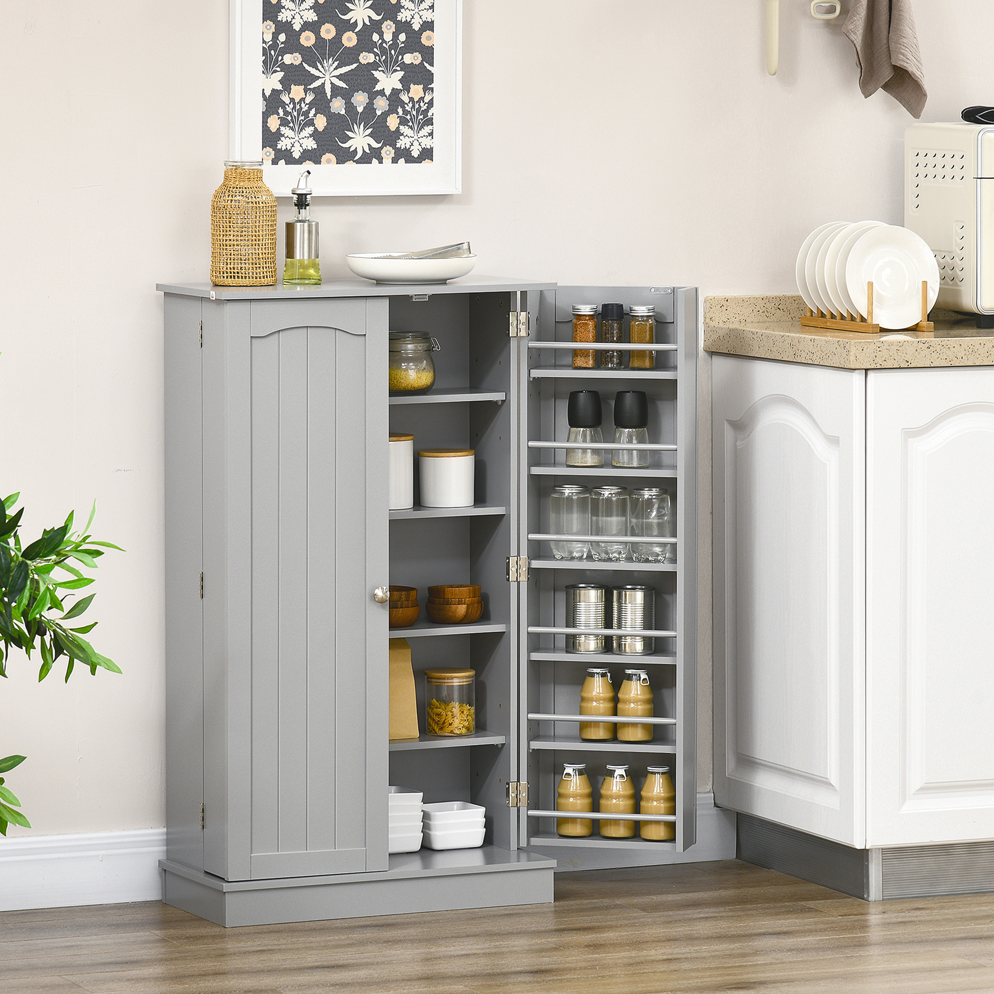 41" Storage Cabinet, 2-Door Kitchen Pantry Cabinet with 5-tier Shelving, 12 Spice Racks and Adjustable Shelves, Grey - Image 6