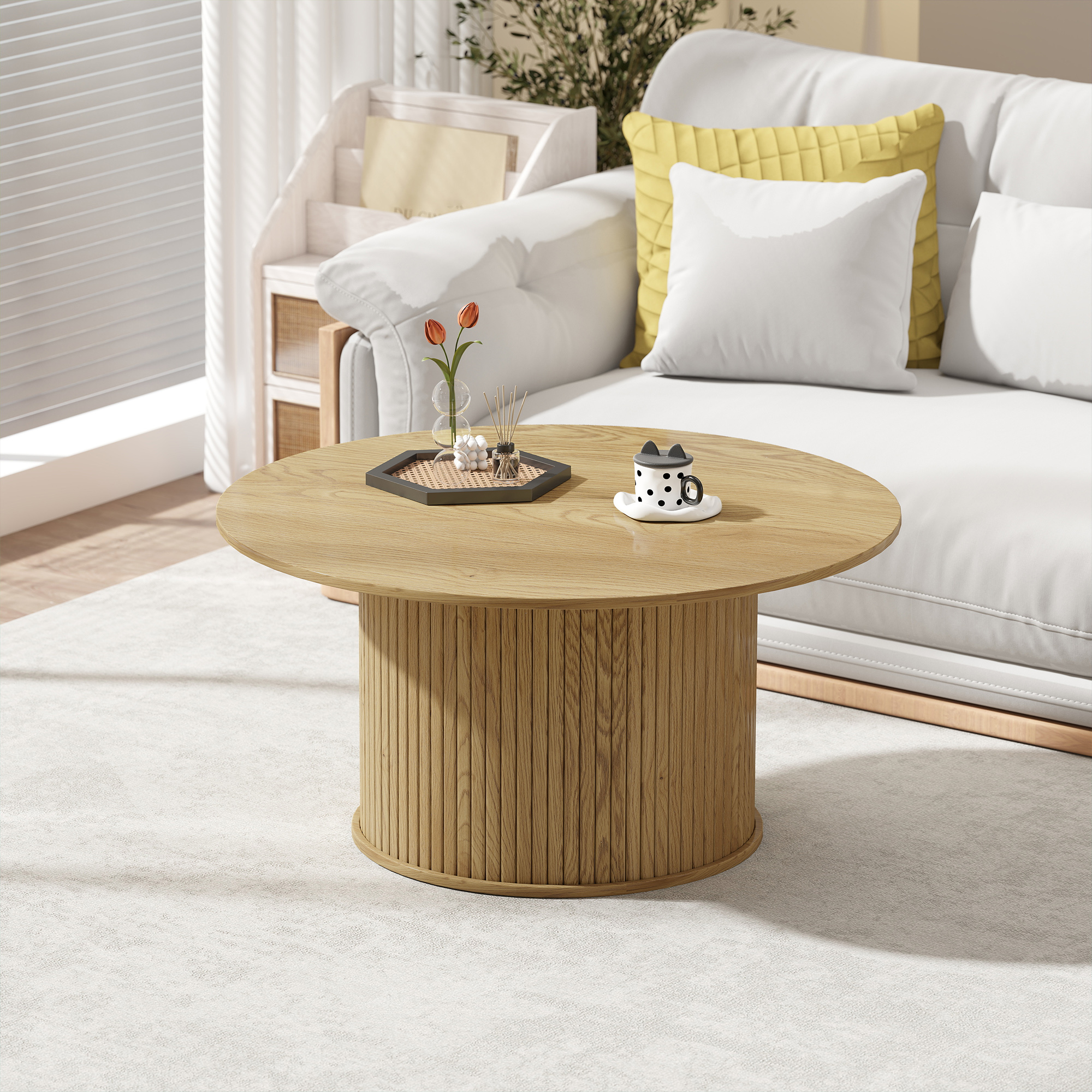 31.5" Round Coffee Table, Nordic Style Center Table with Fluted Cylindrical Base for Living Room, Oak - Image 4