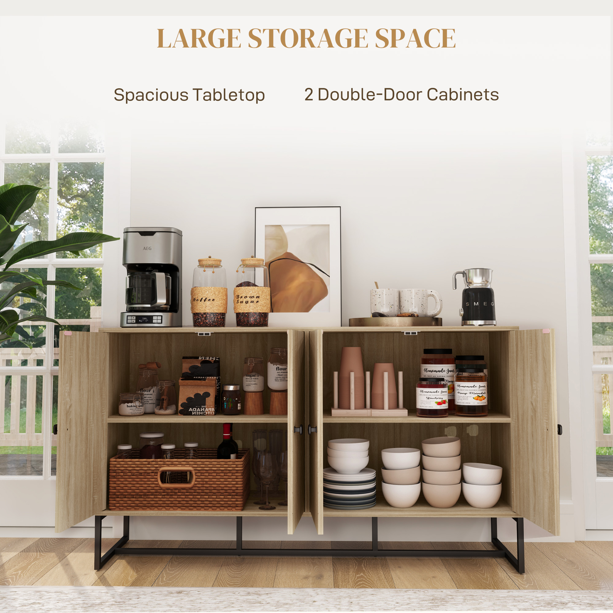 Sideboard Buffet Cabinet with 2 Adjustable Shelves and Steel Base, TV Stand, Coffee Bar Cabinet for Living Room, Oak - Image 2