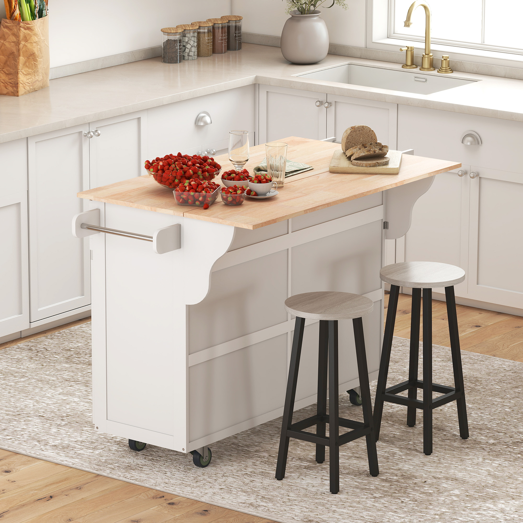 Kitchen Island with Storage, Rolling Kitchen Island with Drop Leaf, Rubber Wood Top and Adjustable Shelves, White - Image 6