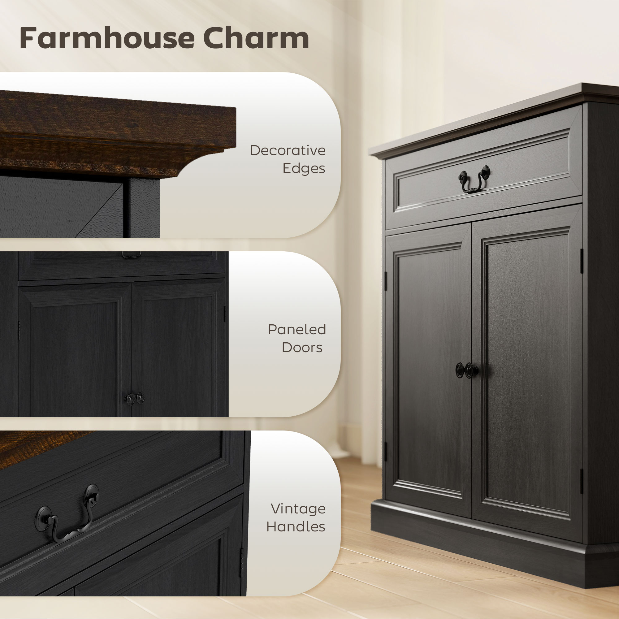 Buffet Cabinet, 32" Farmhouse Sideboard with Thick Top, Quiet Drawer and Adjustable Shelf, Black Wood Grain - Image 5