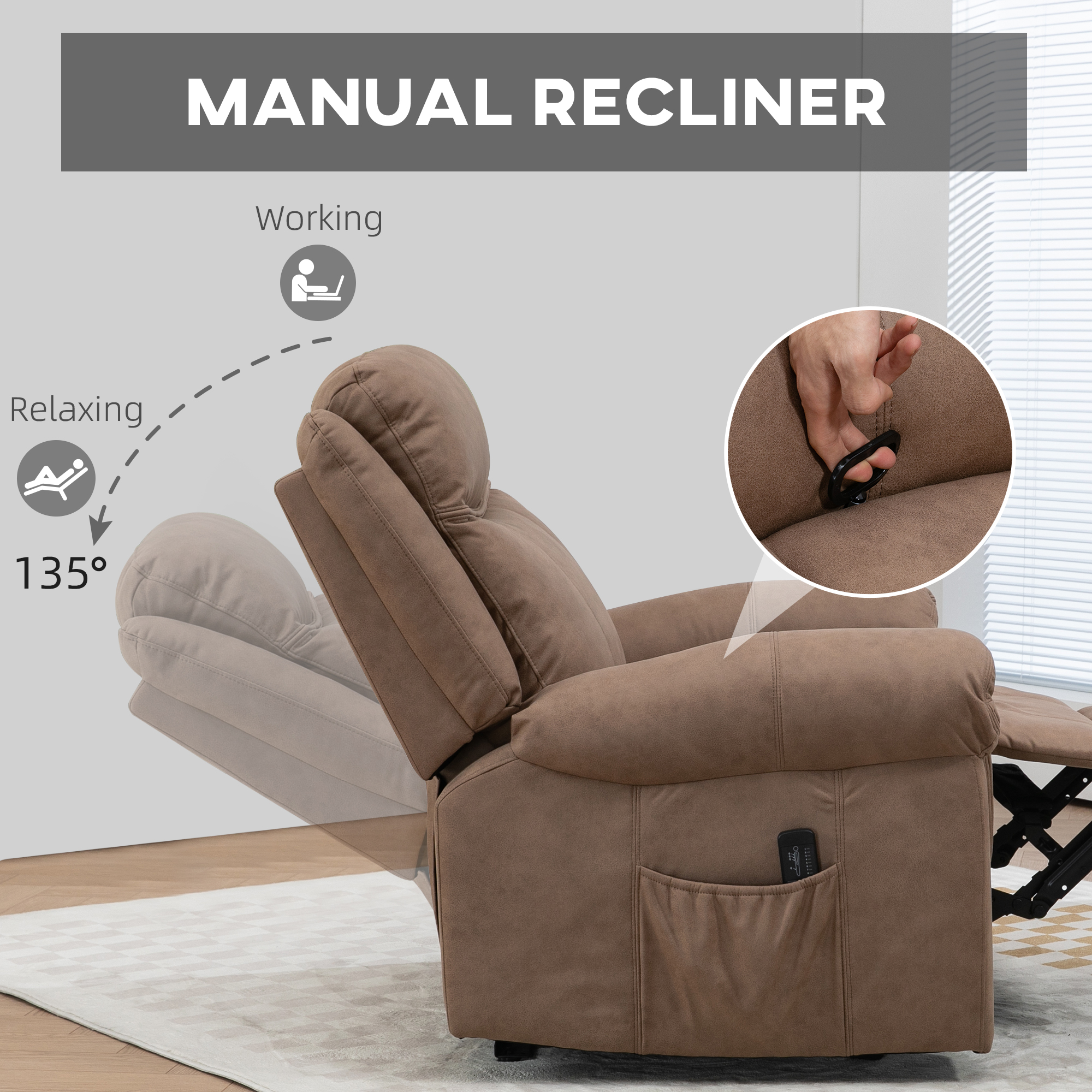 Manual Recliner Chair with Vibration Massage, Side Pockets, Microfibre Reclining Chair Nursing Chair for Living Room, Brown - Image 3