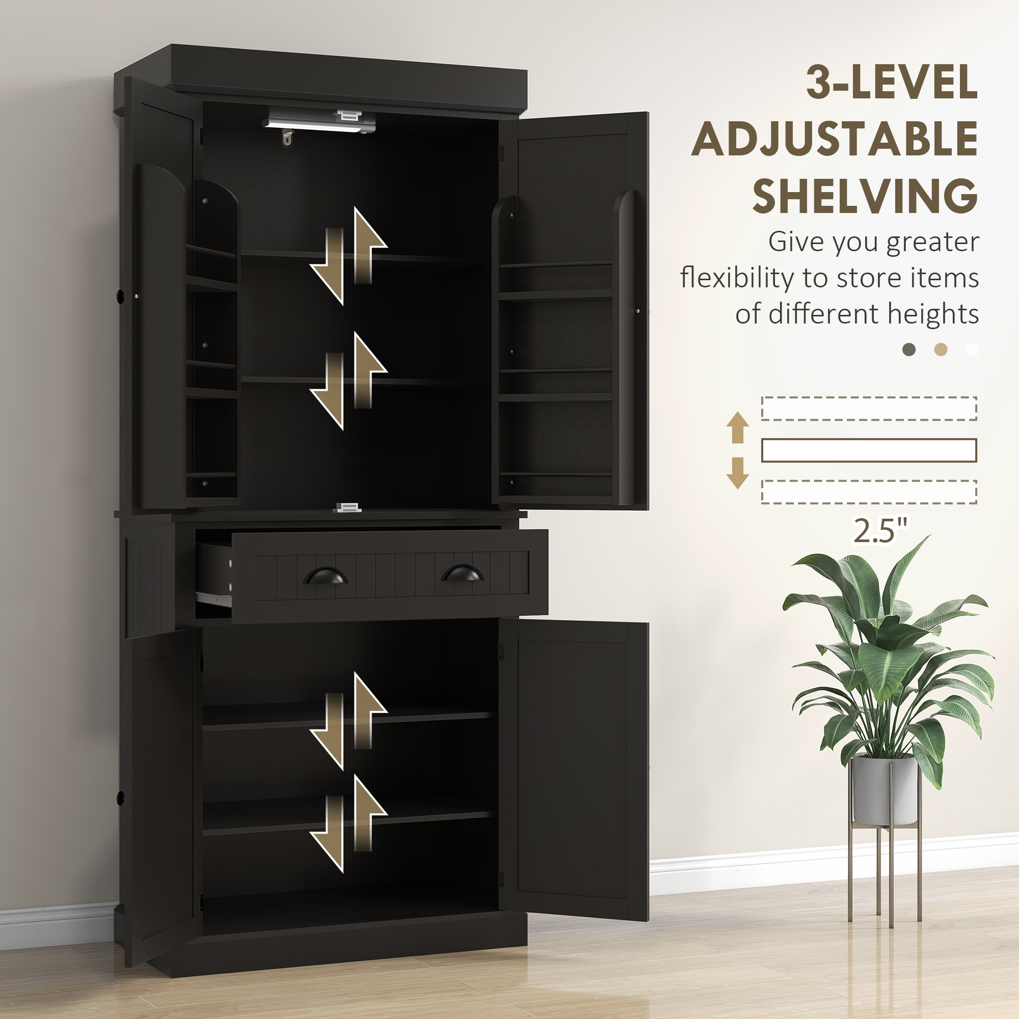 71" Kitchen Pantry Cabinet with LED Lights, 6 Spice Racks, a Drawer and 4 Adjustable Shelves, Black - Image 4