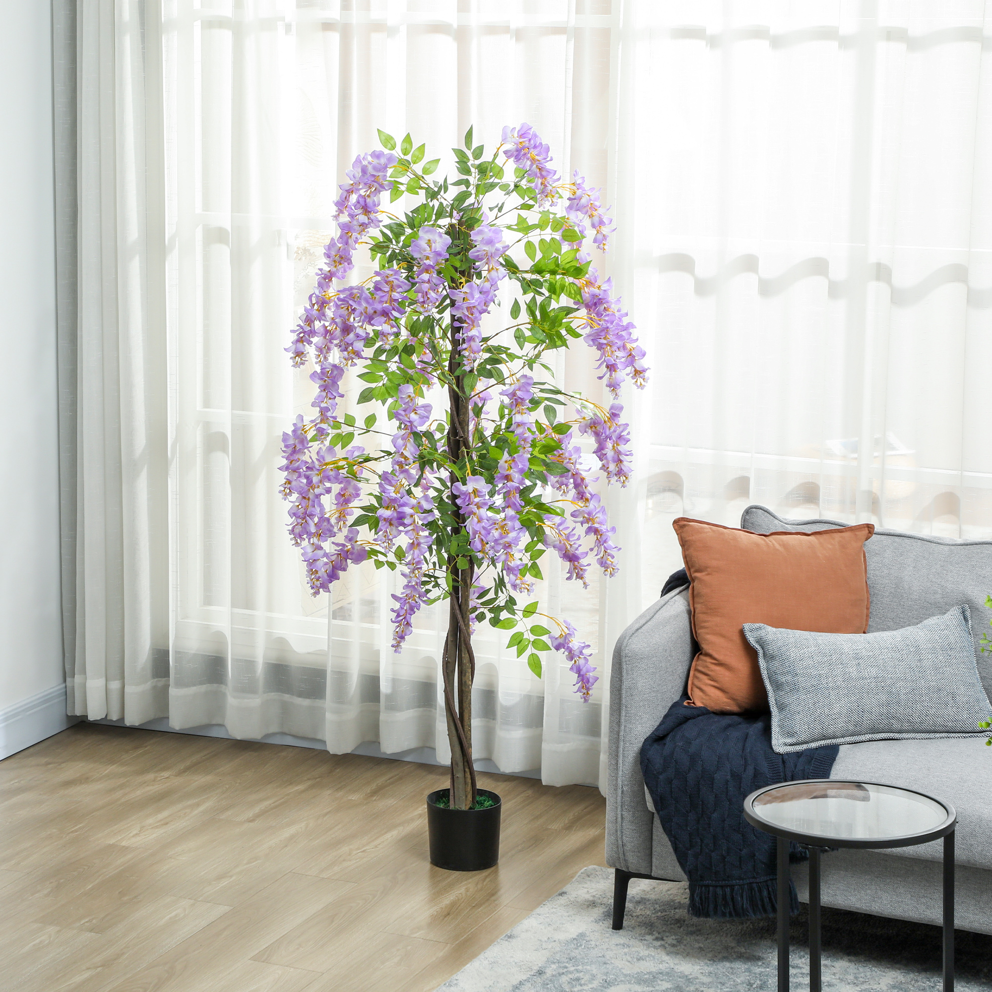 5.9FT Fake Wisteria Tree with Natural Wood Trunk, Artificial Plant in Nursery Pot, Greenery Tall Faux Floor Plant Purple - Image 5
