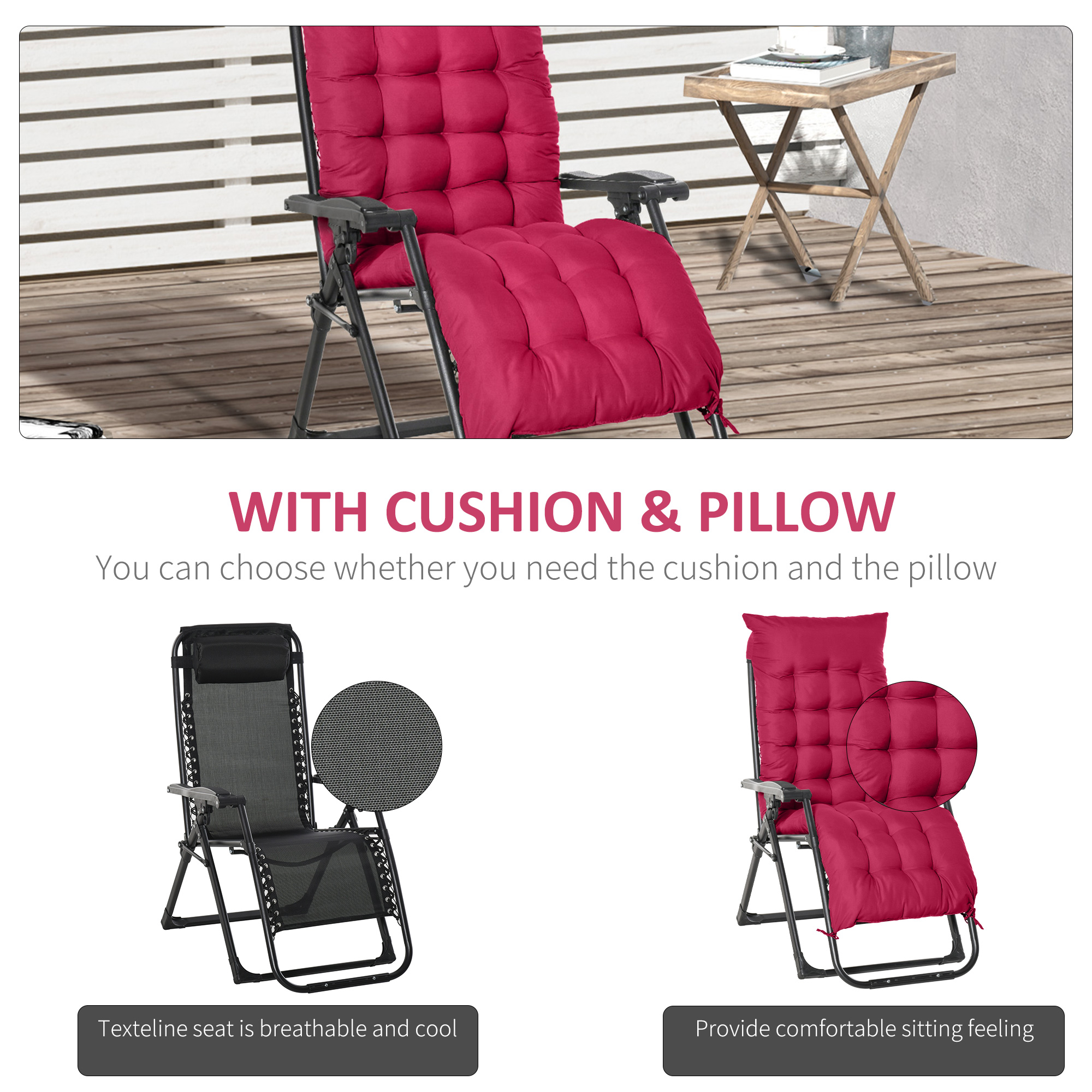 Reclining Zero Gravity Chair with Adjustable Backrest, Folding Garden Sun Lounger, Outdoor Recliner with Removable Cushion and Headrest, Wine Red - Image 2