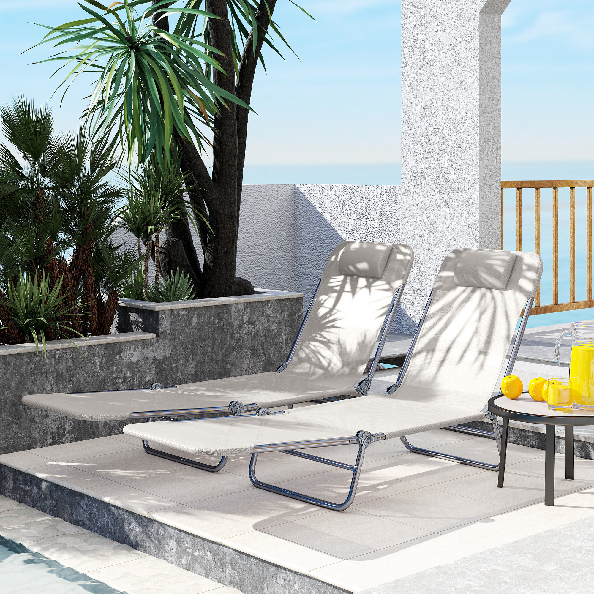Set of 2 Folding Chaise Lounge Chairs, Outdoor Poolside Sun Tanning Chairs w/ Pillow, Reclining Backrest, Cream White - Image 6