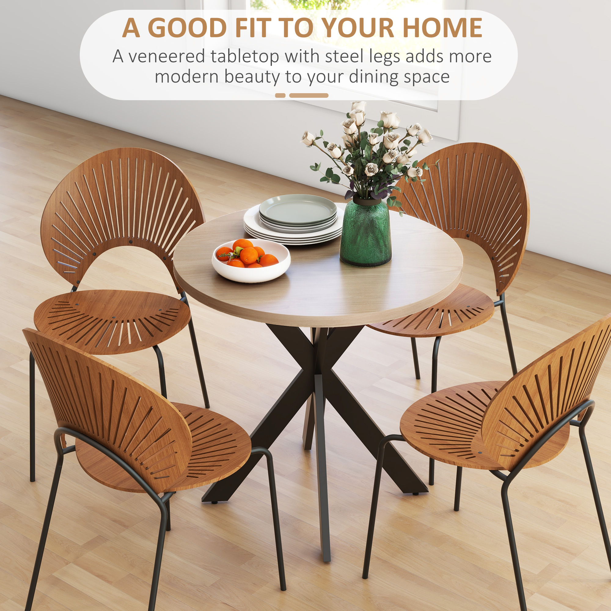 29" Dining Table, Contemporary Round Kitchen Table with Steel Legs, Brown - Image 2