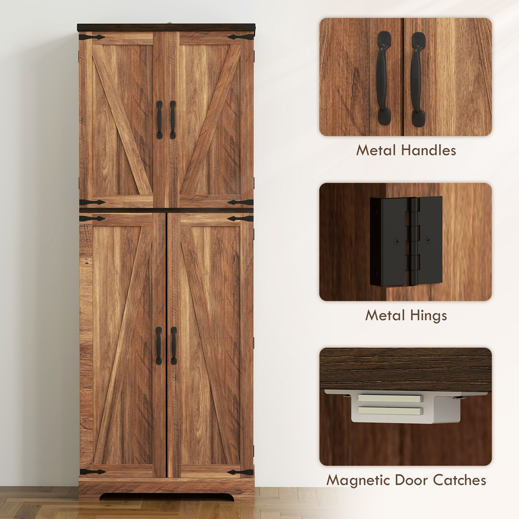 64" Tall Kitchen Pantry Cabinet with Spice Racks and Adjustable Shelves, Brown Wood Grain - Image 5