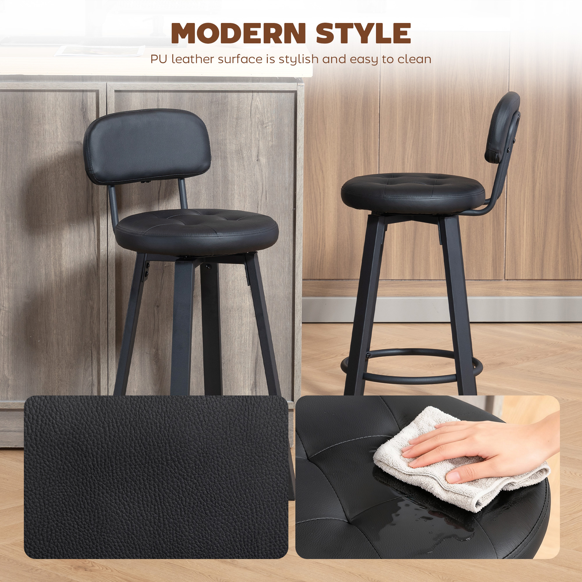 Bar Stools Set of 2, Upholstered Breakfast Bar Chairs with Footrest and Backrest for Kitchen Counter, Black - Image 2
