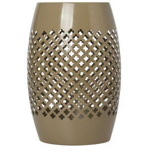 12.4" Steel Patio End Table, Round Hollow Drum Side Table, Accent Table for Indoor and Outdoor, Khaki