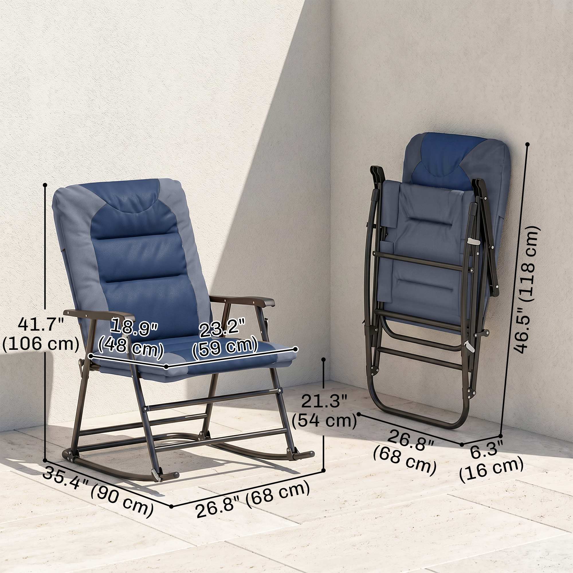 Folding Rocking Chair Set of 2 Padded Rockers with Armrest, Navy Blue - Image 2