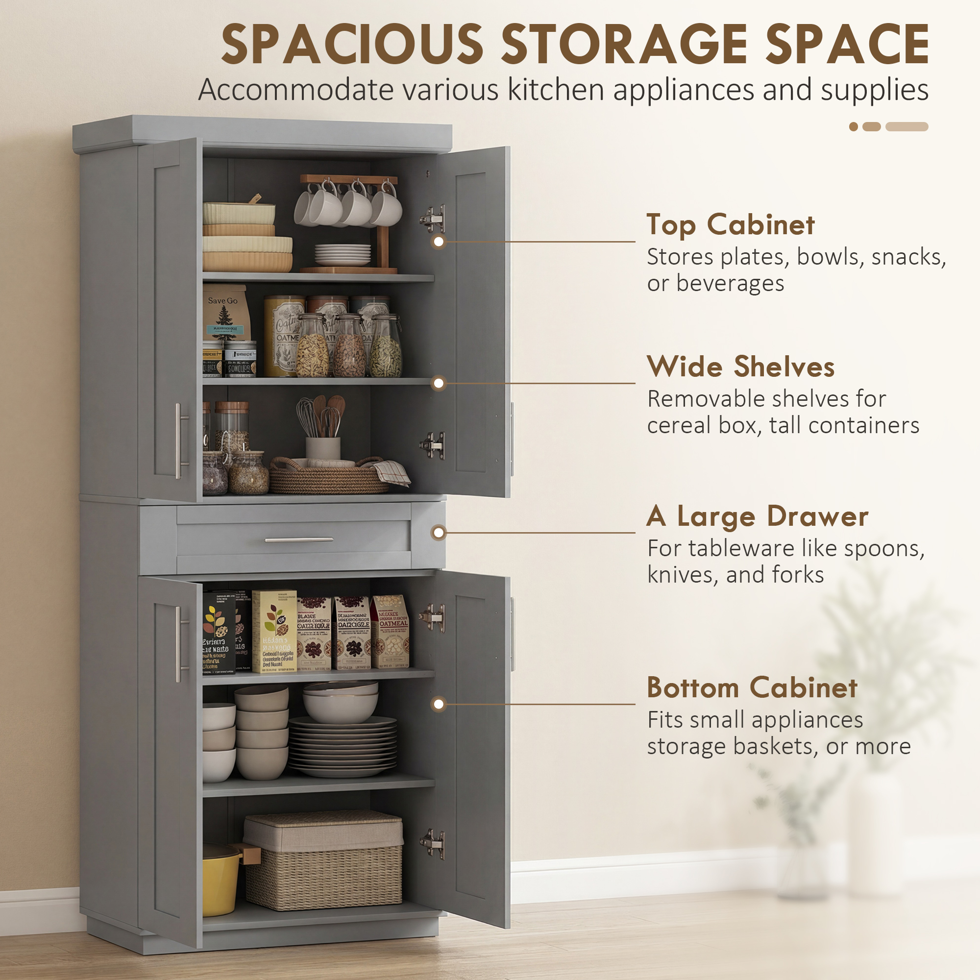 72" Storage Cabinet, Freestanding Kitchen Pantry Cabinet with 4 Doors, Drawer and 3 Adjustable Shelves, Grey - Image 2