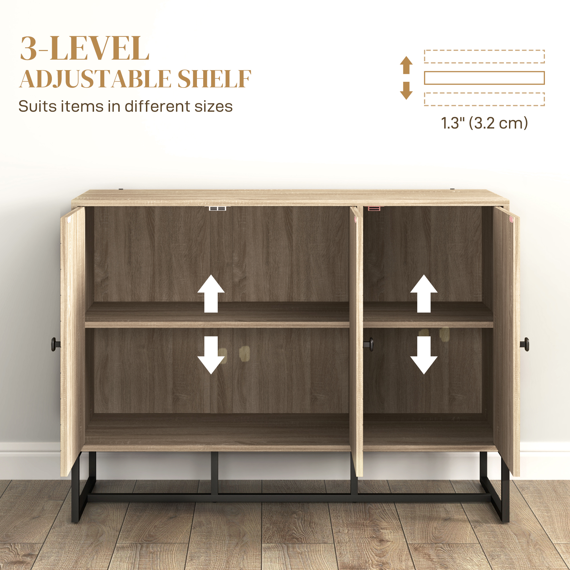 Modern Sideboard, Buffet Cabinet with Adjustable Shelves, 3 Chevron Doors for Living Room, Hallway, Oak Wood Grain - Image 3