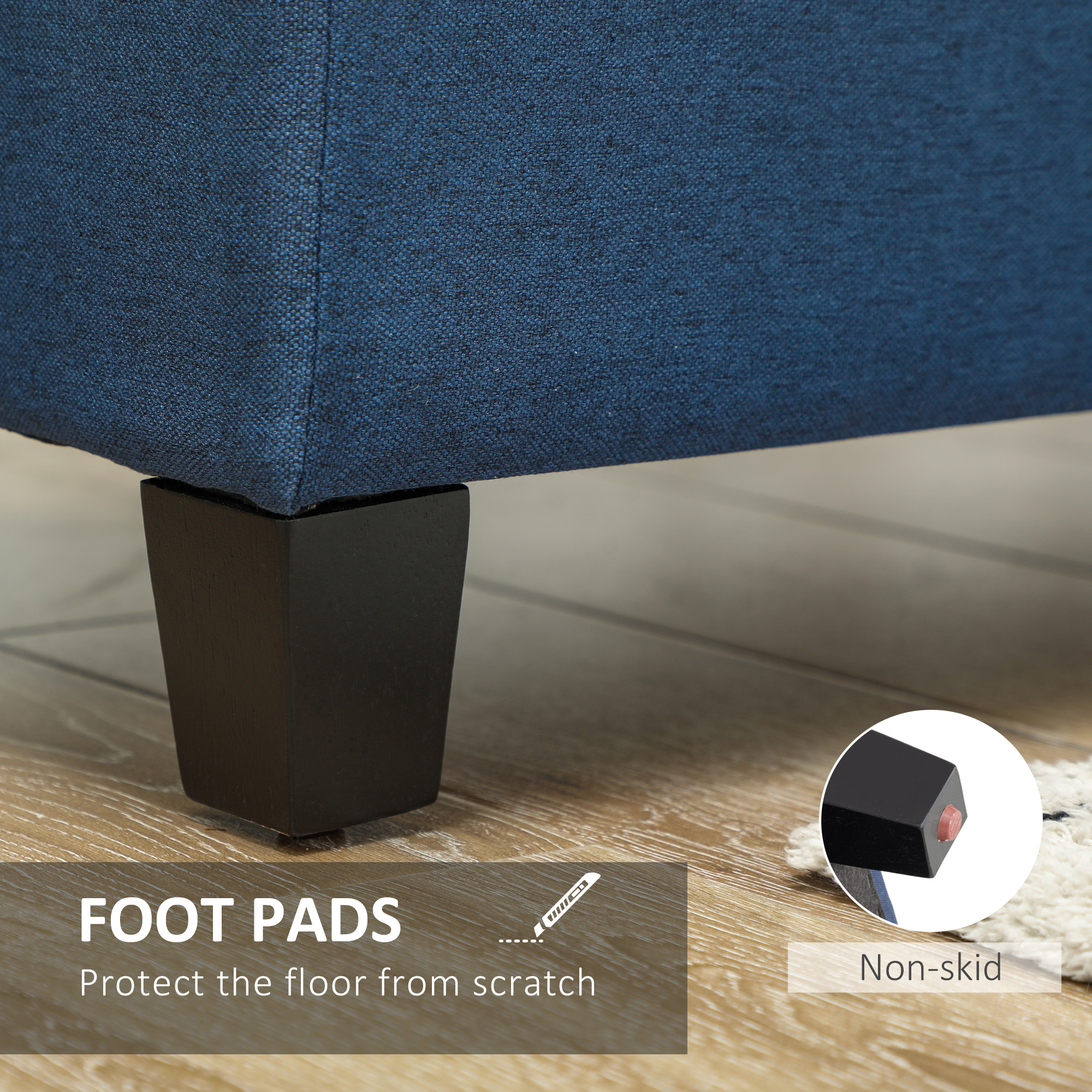 Rectangular Entry Bench, Tufted Upholstered Linen Fabric Wood Feet Storage Ottoman Bench, Blue - Image 5
