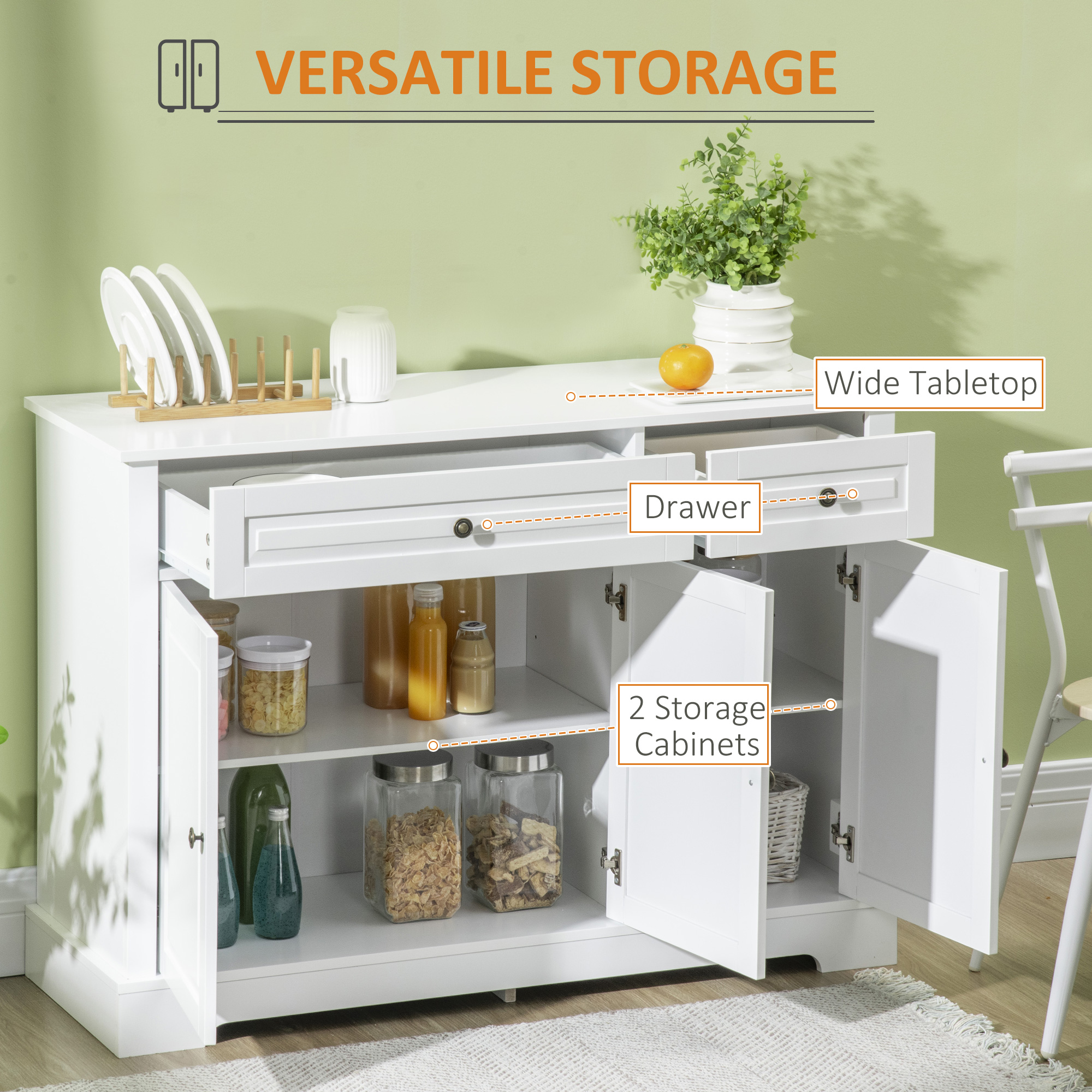 Modern Sideboard Cabinet, Buffet Cabinet with 2 Drawers and Adjustable Shelves, Buffets Tables for Dining Room, White - Image 2