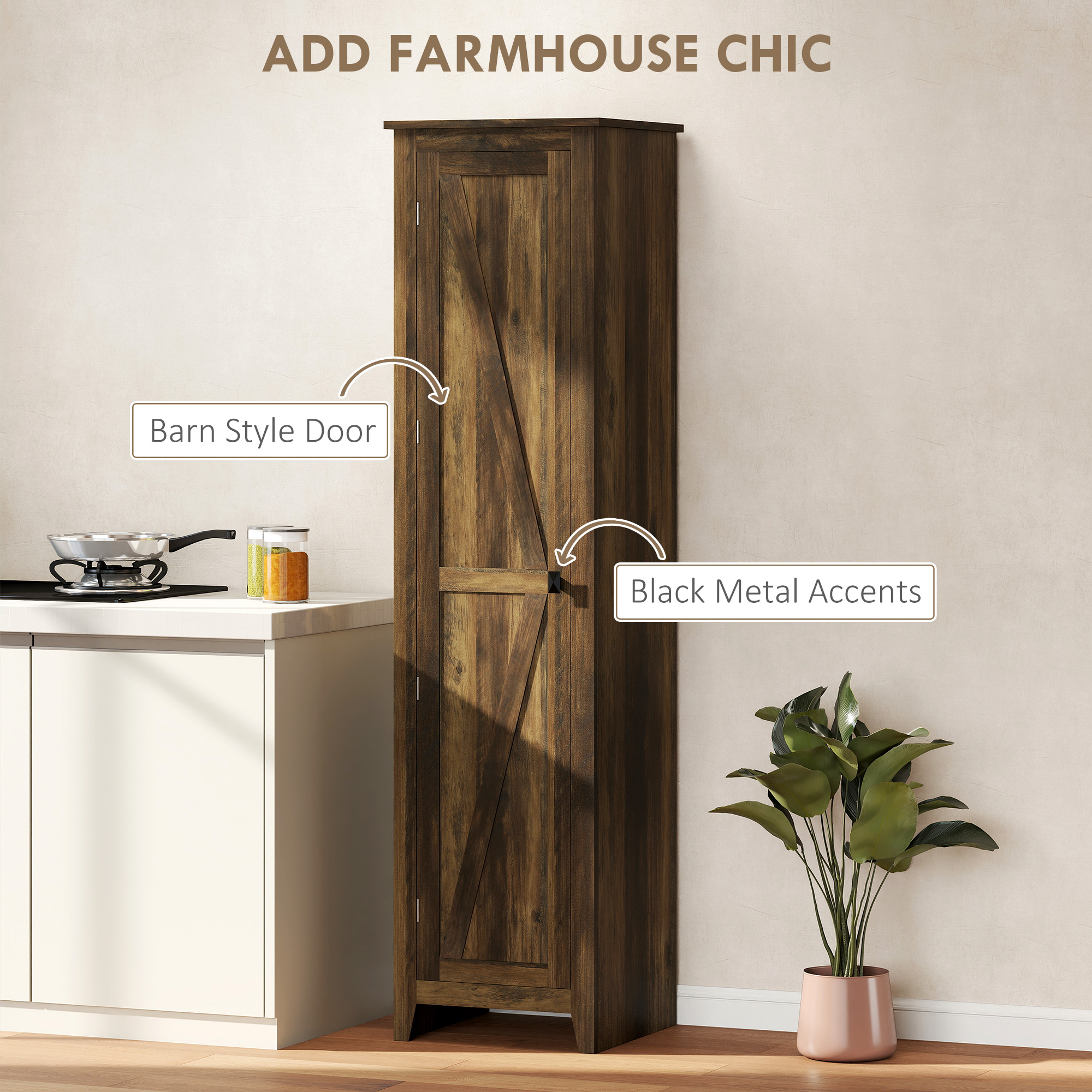 67" Farmhouse Kitchen Pantry Storage Cabinet with Barn Door, Kitchen Pantry Cabinet with Adjustable Shelves, Brown - Image 4